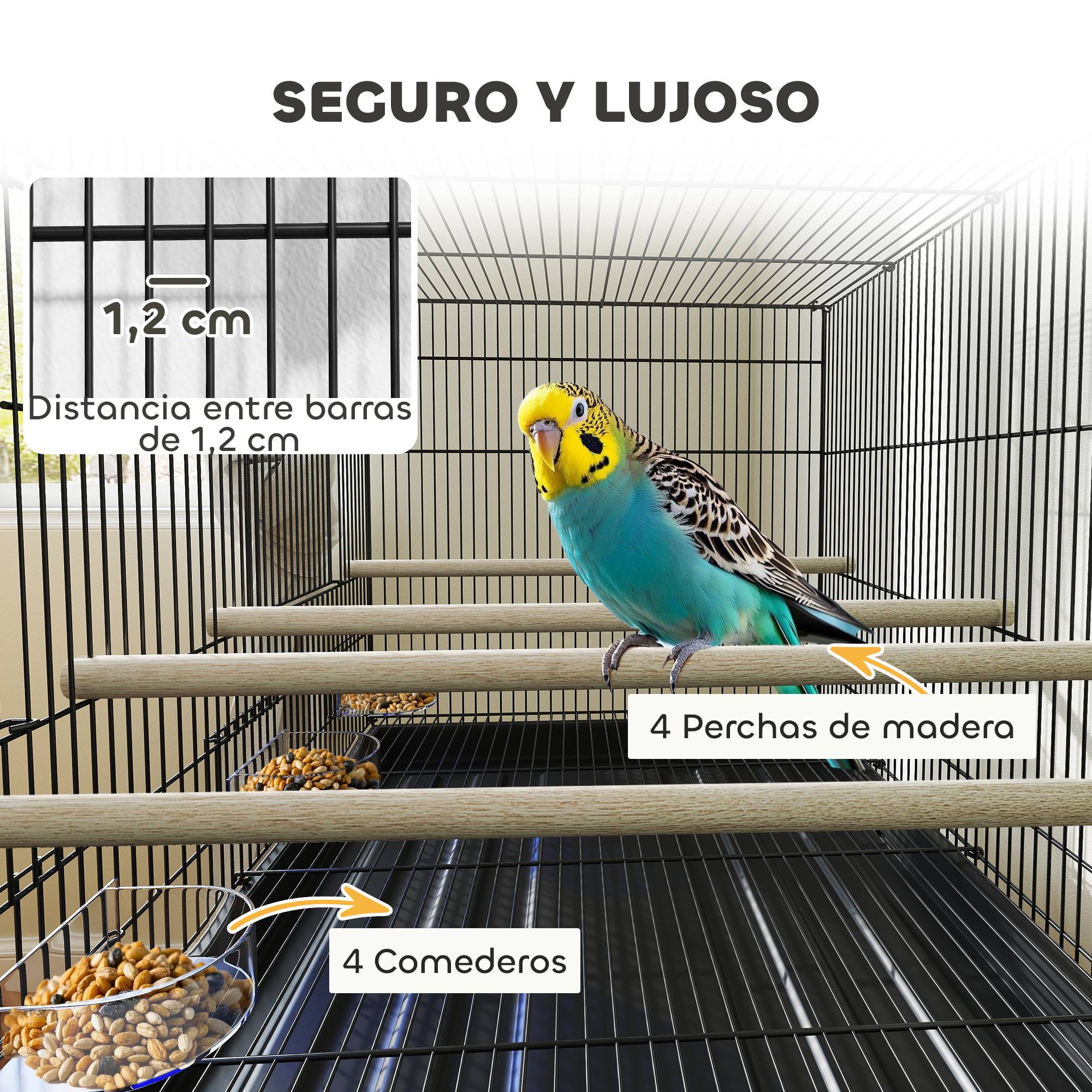 Cage à oiseaux avec séparateur, mangeoires, plateau extractible et support pour canaris perruches, 76x46x46/116 cm, noir - Image 7