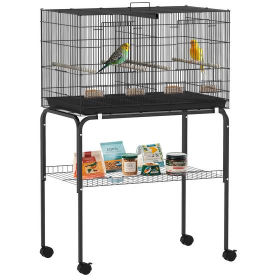 Cage à oiseaux avec séparateur, mangeoires, plateau extractible et support pour canaris perruches, 76x46x46/116 cm, noir - Image 1