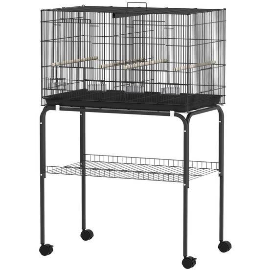 Cage à oiseaux avec séparateur, mangeoires, plateau extractible et support pour canaris perruches, 76x46x46/116 cm, noir - Image 2