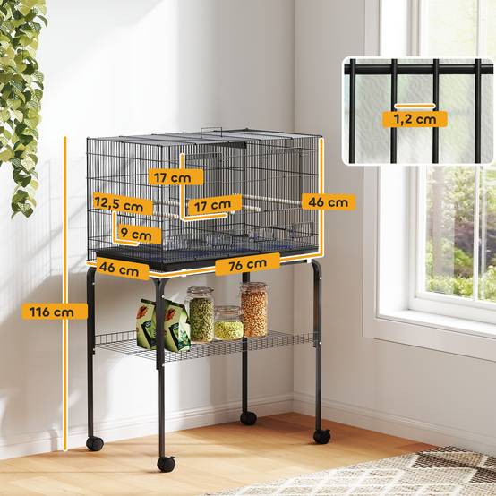 Cage à oiseaux avec séparateur, mangeoires, plateau extractible et support pour canaris perruches, 76x46x46/116 cm, noir - Image 5