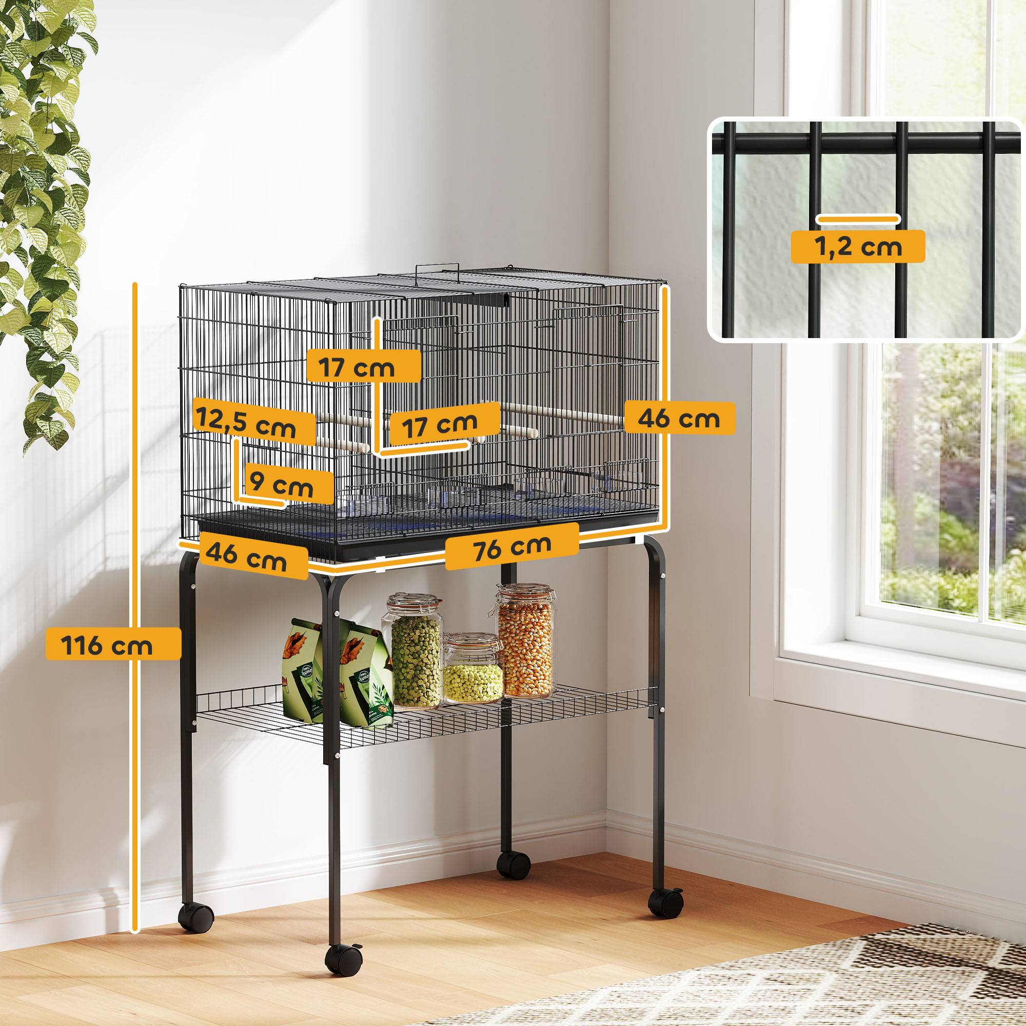 Cage à oiseaux avec séparateur, mangeoires, plateau extractible et support pour canaris perruches, 76x46x46/116 cm, noir - Image 5