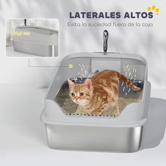 Bac à litière XXL en acier inoxydable pour chat, design à bords hauts, avec pelle, facile à nettoyer, étanche, dimensions 70x50x30 cm, gris. - Image 8