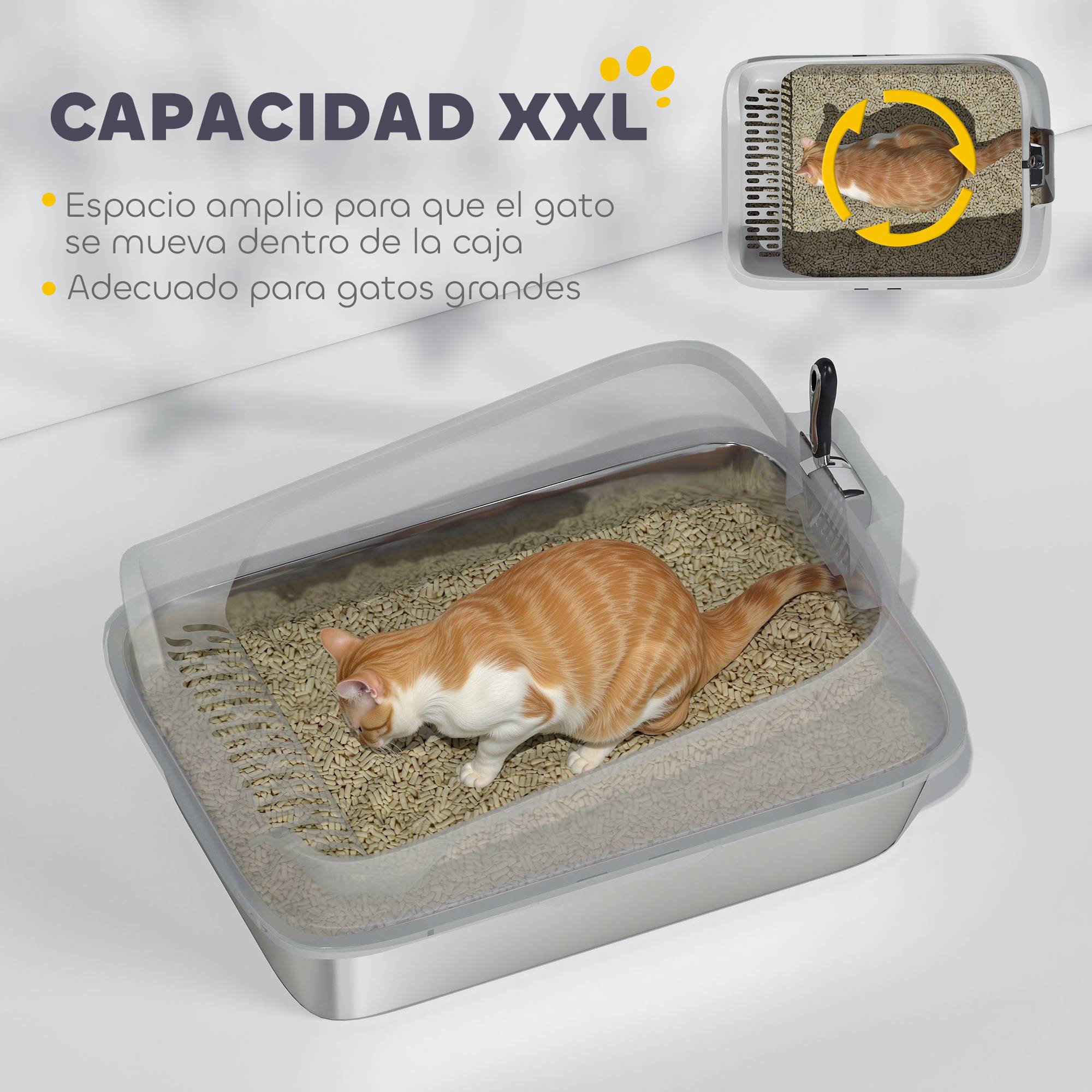 Bac à litière XXL en acier inoxydable pour chat, design à bords hauts, avec pelle, facile à nettoyer, étanche, dimensions 70x50x30 cm, gris. - Image 7