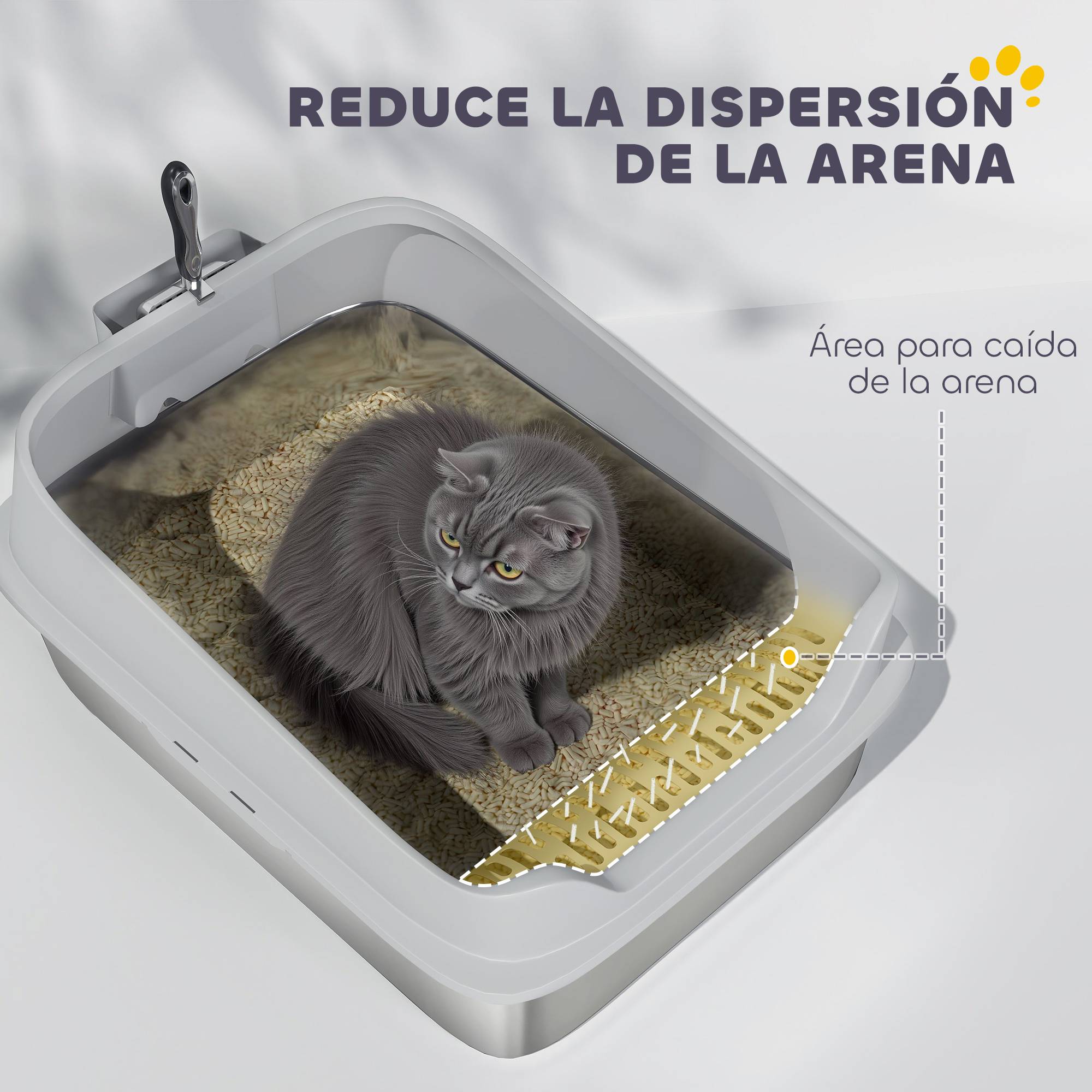 Bac à litière XXL en acier inoxydable pour chat, design à bords hauts, avec pelle, facile à nettoyer, étanche, dimensions 70x50x30 cm, gris. - Image 9