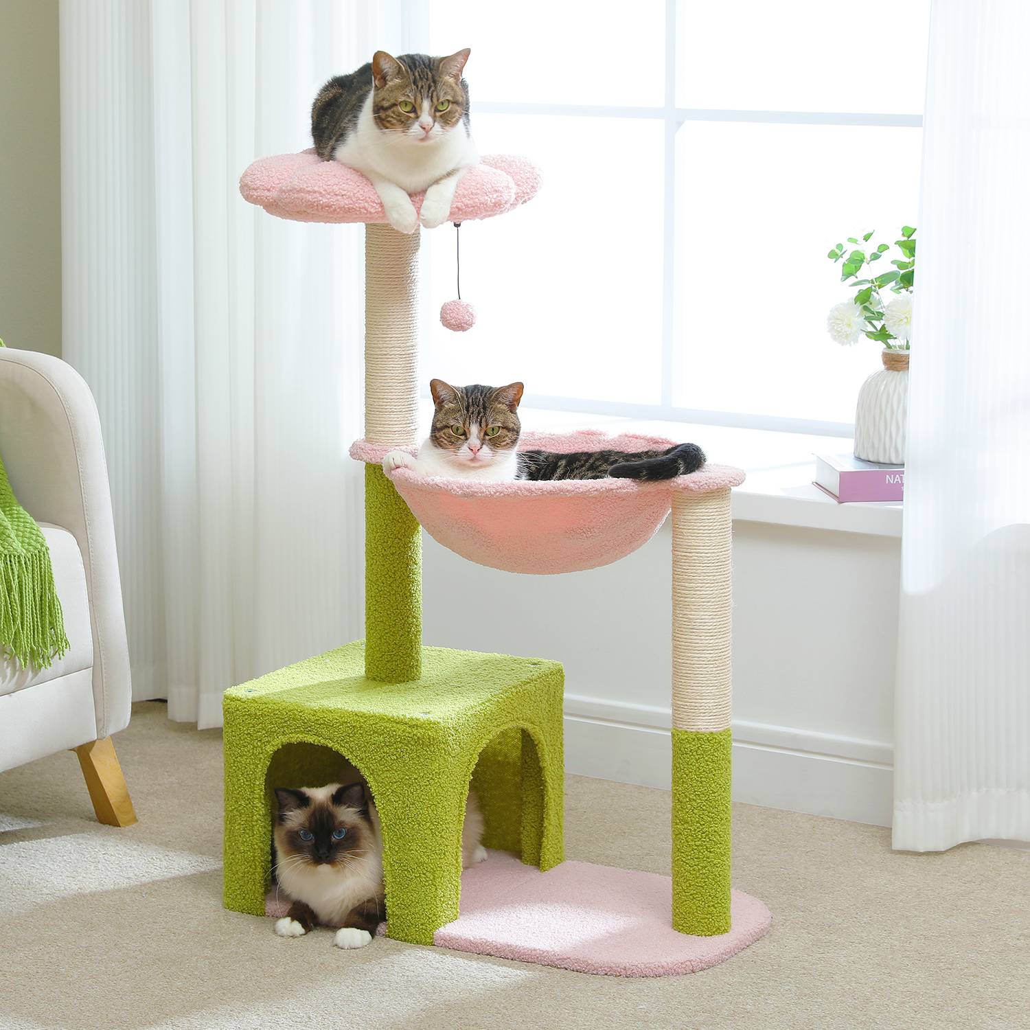 Arbre à Chat Fleur 93 cm Vert / Rose PAWZ Road - Image 3