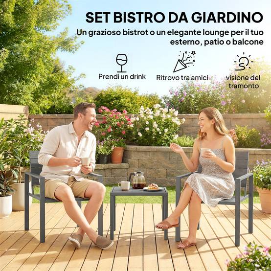 Salon de jardin 3 pièces HDPE métal terrasse détente avec plateau lattes gris foncé - ComfortXL Outdoor Living - Image 6