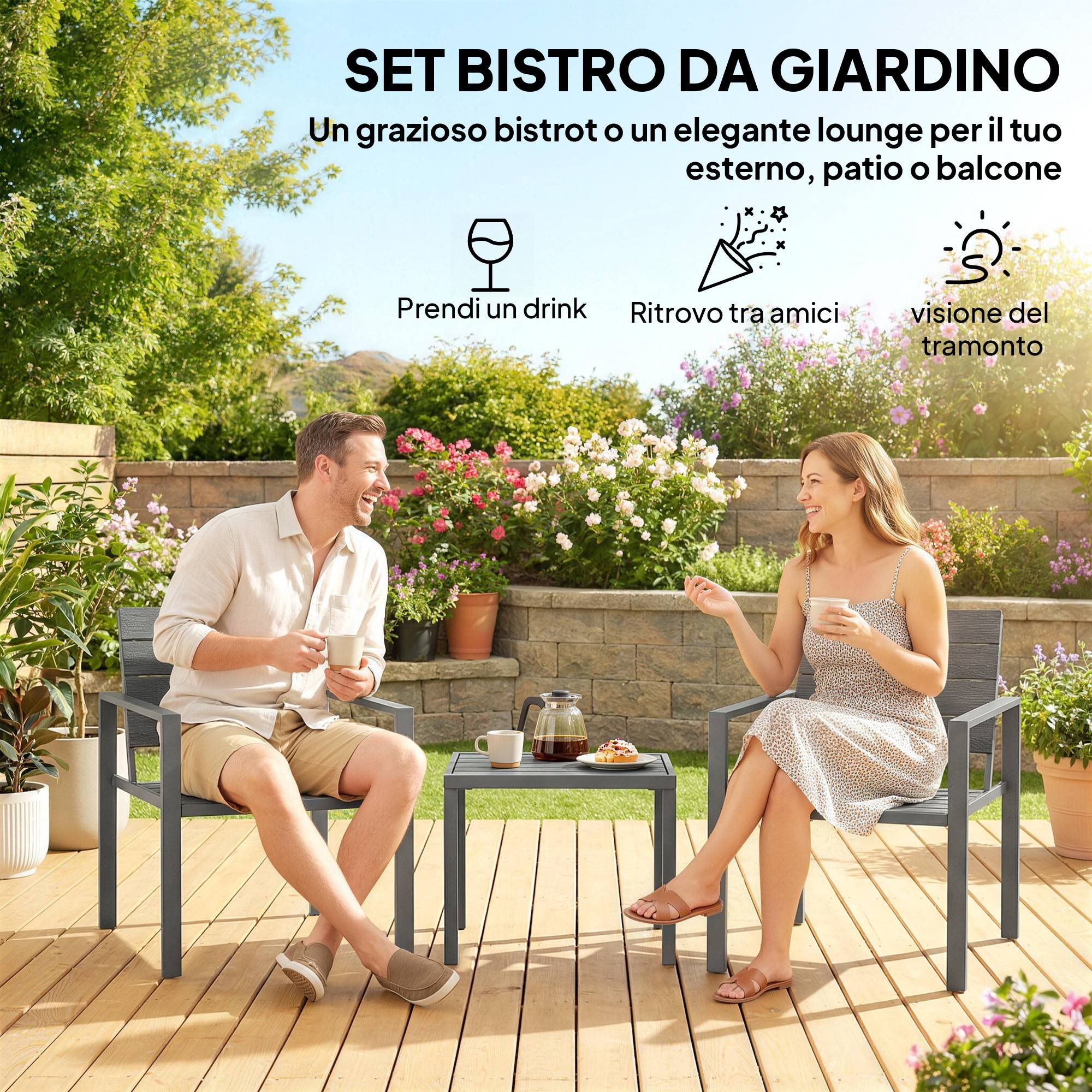 Salon de jardin 3 pièces HDPE métal terrasse détente avec plateau lattes gris foncé - ComfortXL Outdoor Living - Image 6