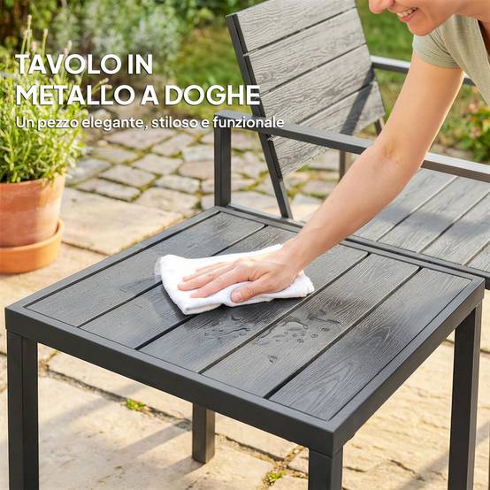 Salon de jardin 3 pièces HDPE métal terrasse détente avec plateau lattes gris foncé - ComfortXL Outdoor Living - Image 8