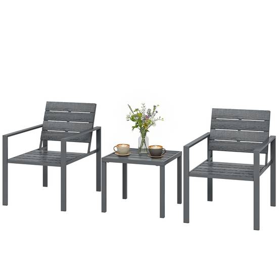 Salon de jardin 3 pièces HDPE métal terrasse détente avec plateau lattes gris foncé - ComfortXL Outdoor Living - Image 2