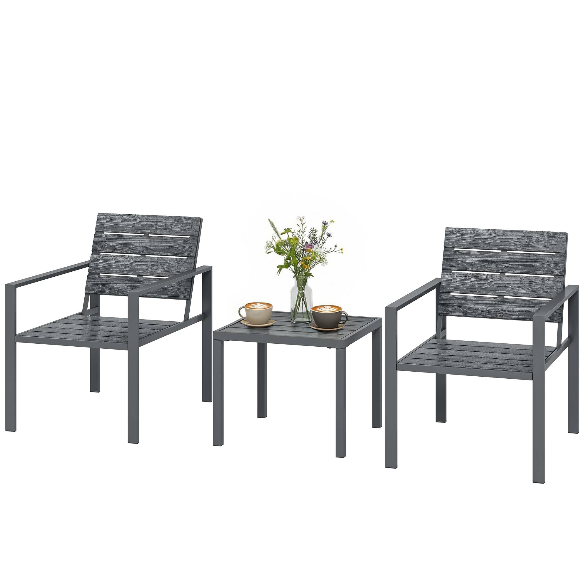 Salon de jardin 3 pièces HDPE métal terrasse détente avec plateau lattes gris foncé - ComfortXL Outdoor Living - Image 2