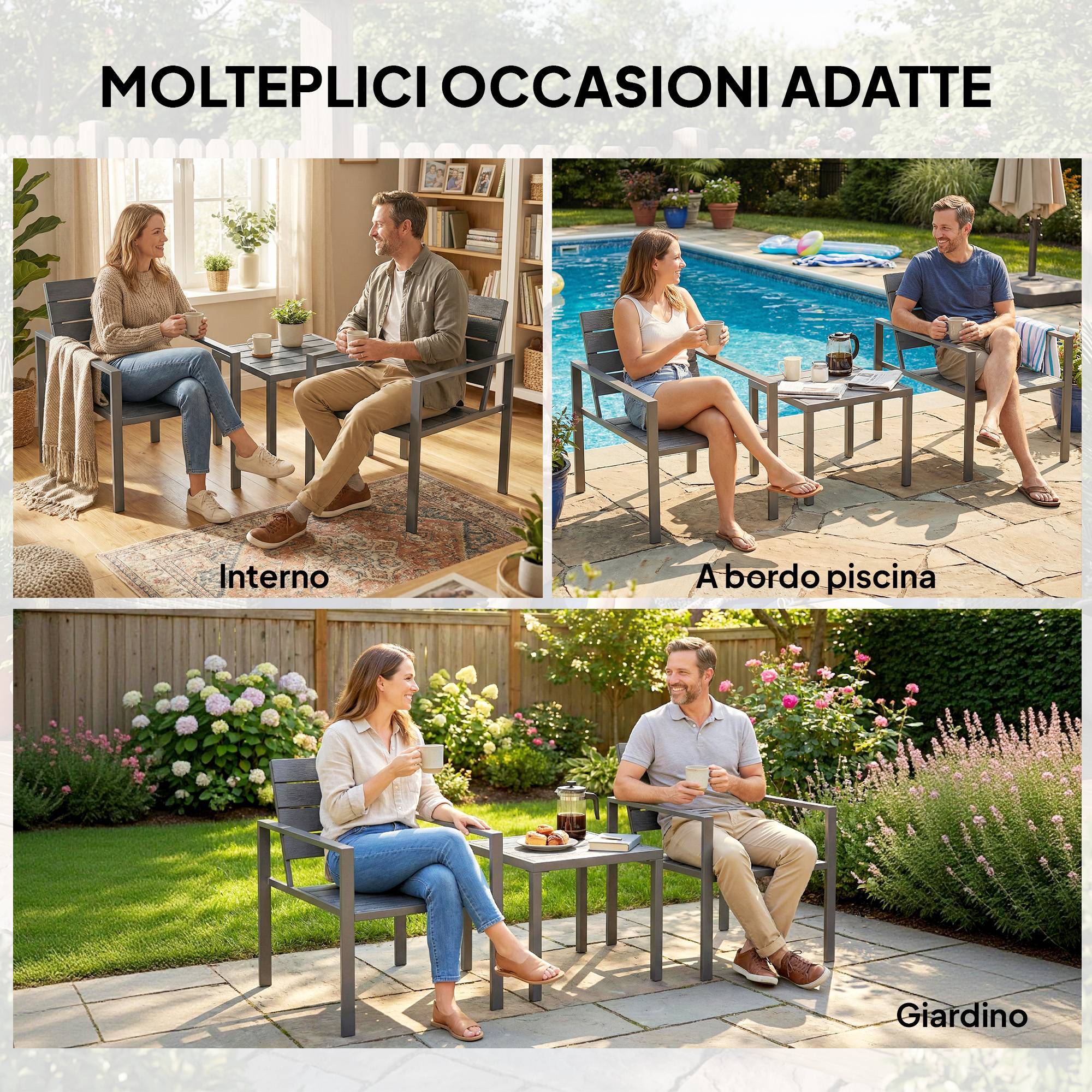 Salon de jardin 3 pièces HDPE métal terrasse détente avec plateau lattes gris foncé - ComfortXL Outdoor Living - Image 9