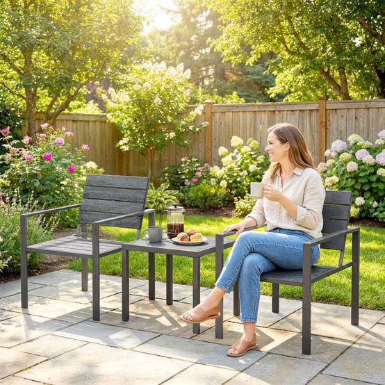 Salon de jardin 3 pièces HDPE métal terrasse détente avec plateau lattes gris foncé - ComfortXL Outdoor Living - Image 4