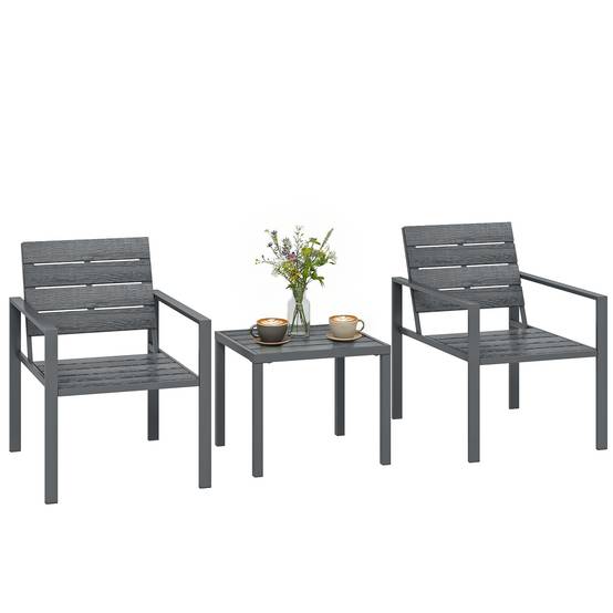 Salon de jardin 3 pièces HDPE métal terrasse détente avec plateau lattes gris foncé - ComfortXL Outdoor Living - Image 1