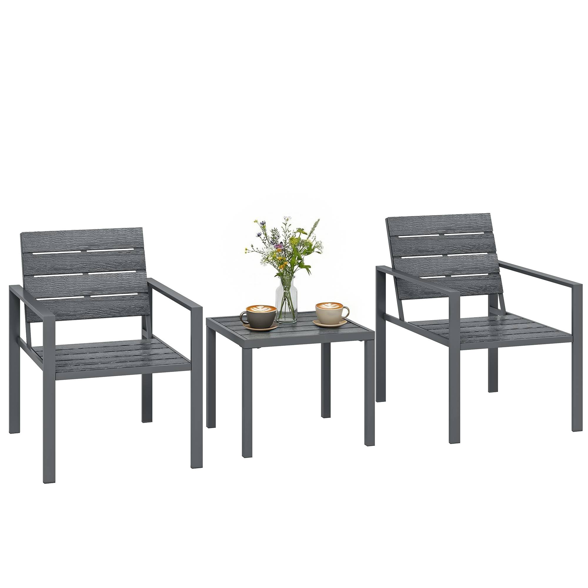 Salon de jardin 3 pièces HDPE métal terrasse détente avec plateau lattes gris foncé - ComfortXL Outdoor Living - Image 1