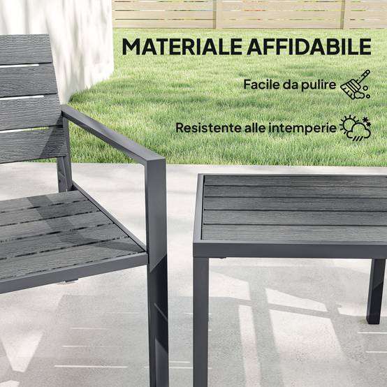 Salon de jardin 3 pièces HDPE métal terrasse détente avec plateau lattes gris foncé - ComfortXL Outdoor Living - Image 7