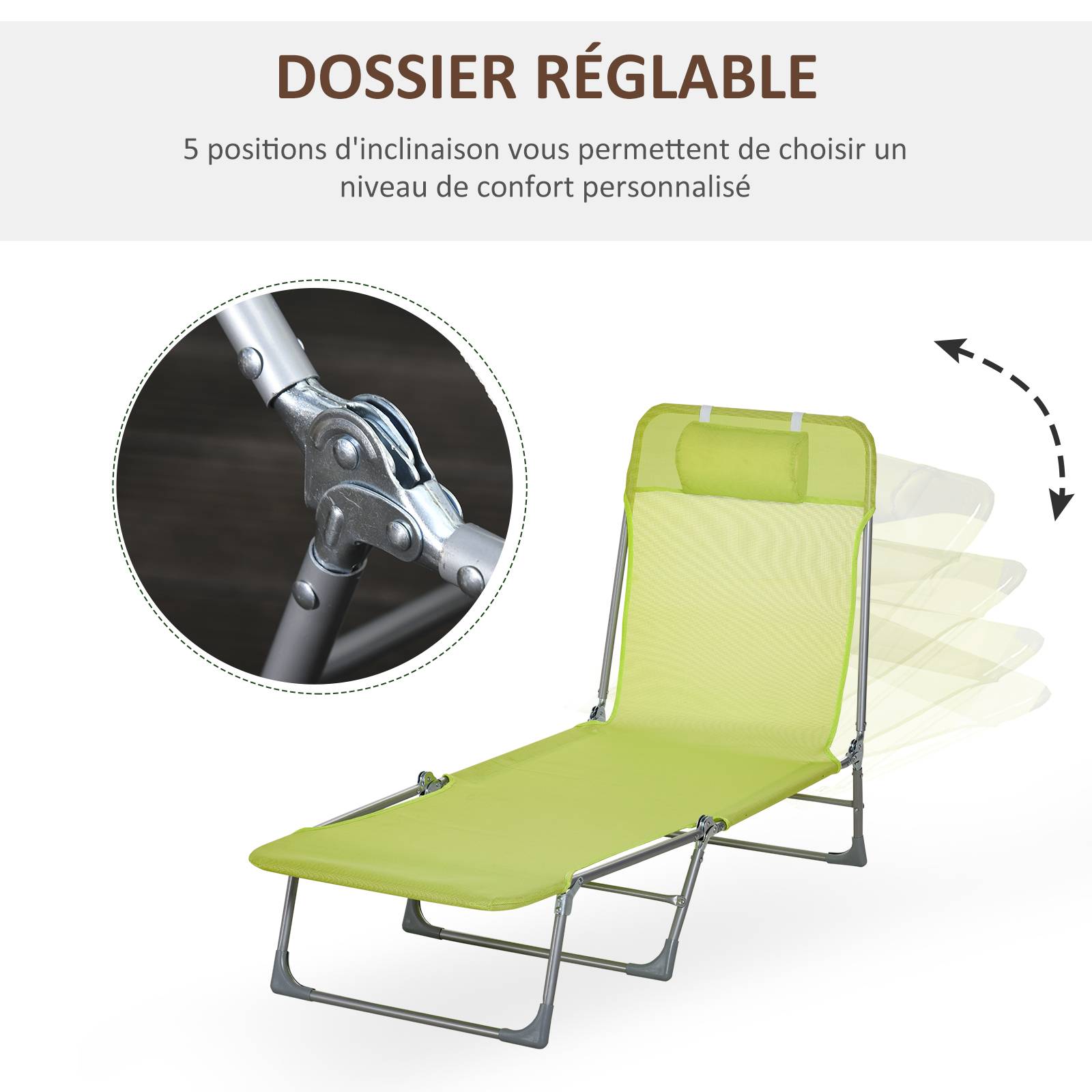 Transat de jardin pliable tissu camping piscine dossier réglable 5 positions vert - ComfortXL Outdoor Living - Image 8