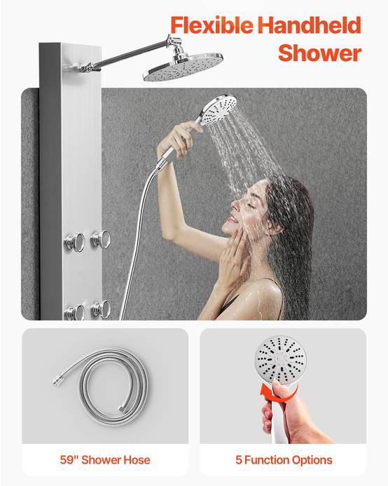 VEVOR Colonne douche pommeau effet pluie acier brossé 124 cm 3 fonctions avec 6 jets corporels et douchette à main. - Image 5