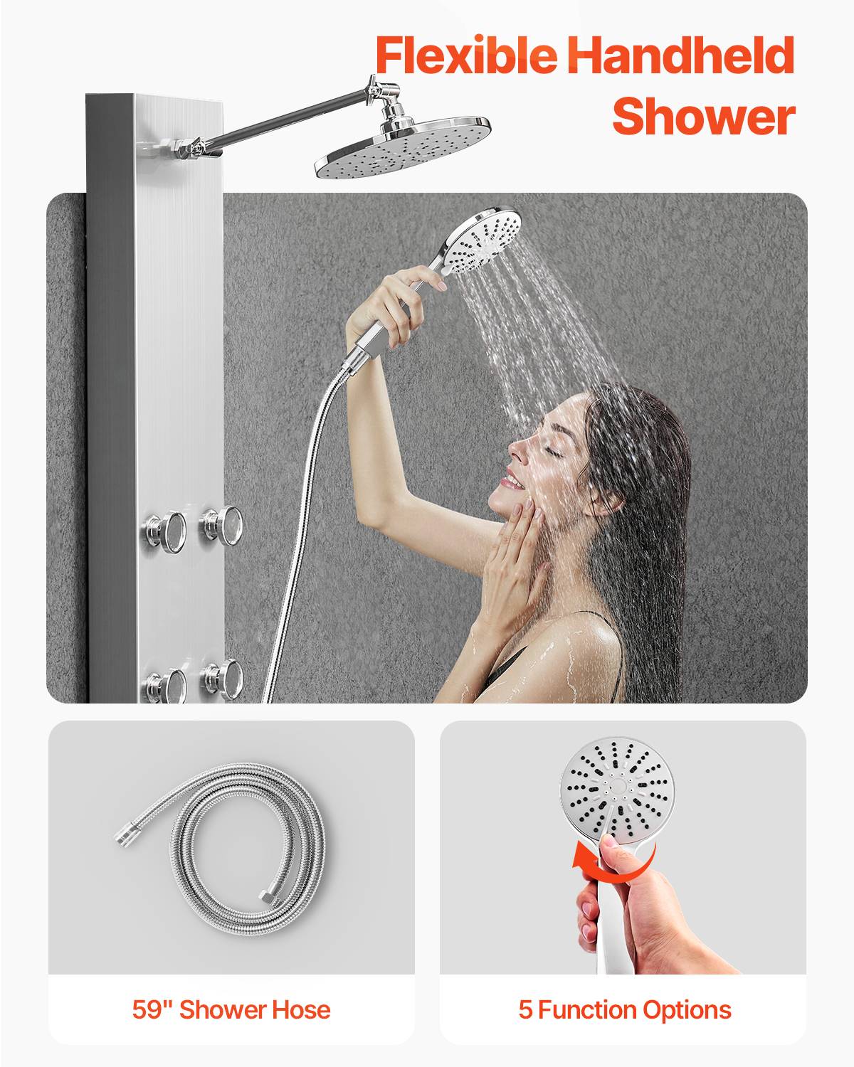 VEVOR Colonne douche pommeau effet pluie acier brossé 124 cm 3 fonctions avec 6 jets corporels et douchette à main. - Image 5
