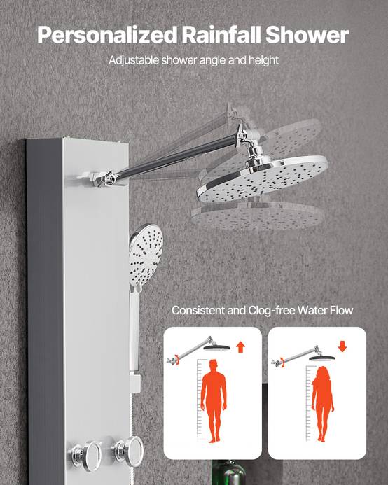 VEVOR Colonne douche pommeau effet pluie acier brossé 124 cm 3 fonctions avec 6 jets corporels et douchette à main. - Image 4