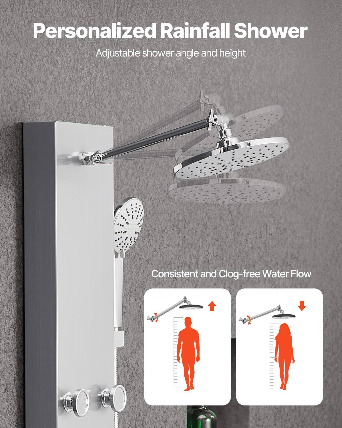 VEVOR Colonne douche pommeau effet pluie acier brossé 124 cm 3 fonctions avec 6 jets corporels et douchette à main. - Image 4