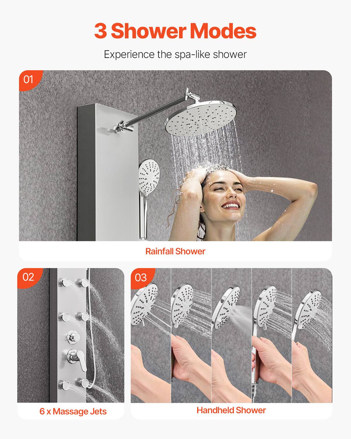 VEVOR Colonne douche pommeau effet pluie acier brossé 124 cm 3 fonctions avec 6 jets corporels et douchette à main. - Image 3