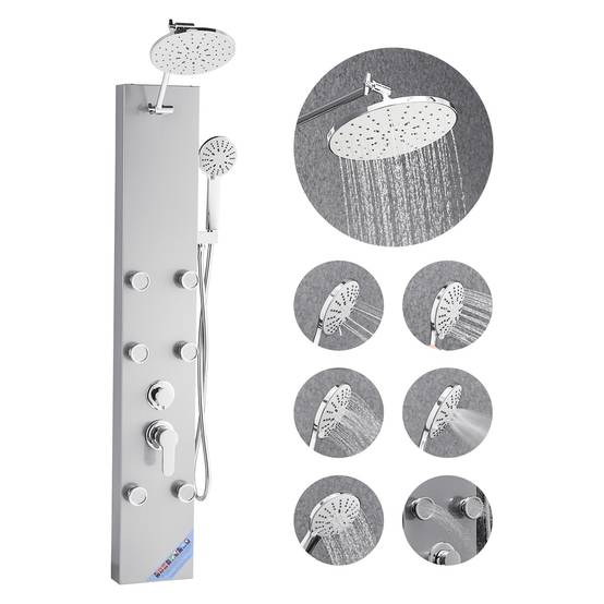 VEVOR Colonne douche pommeau effet pluie acier brossé 124 cm 3 fonctions avec 6 jets corporels et douchette à main. - Image 1