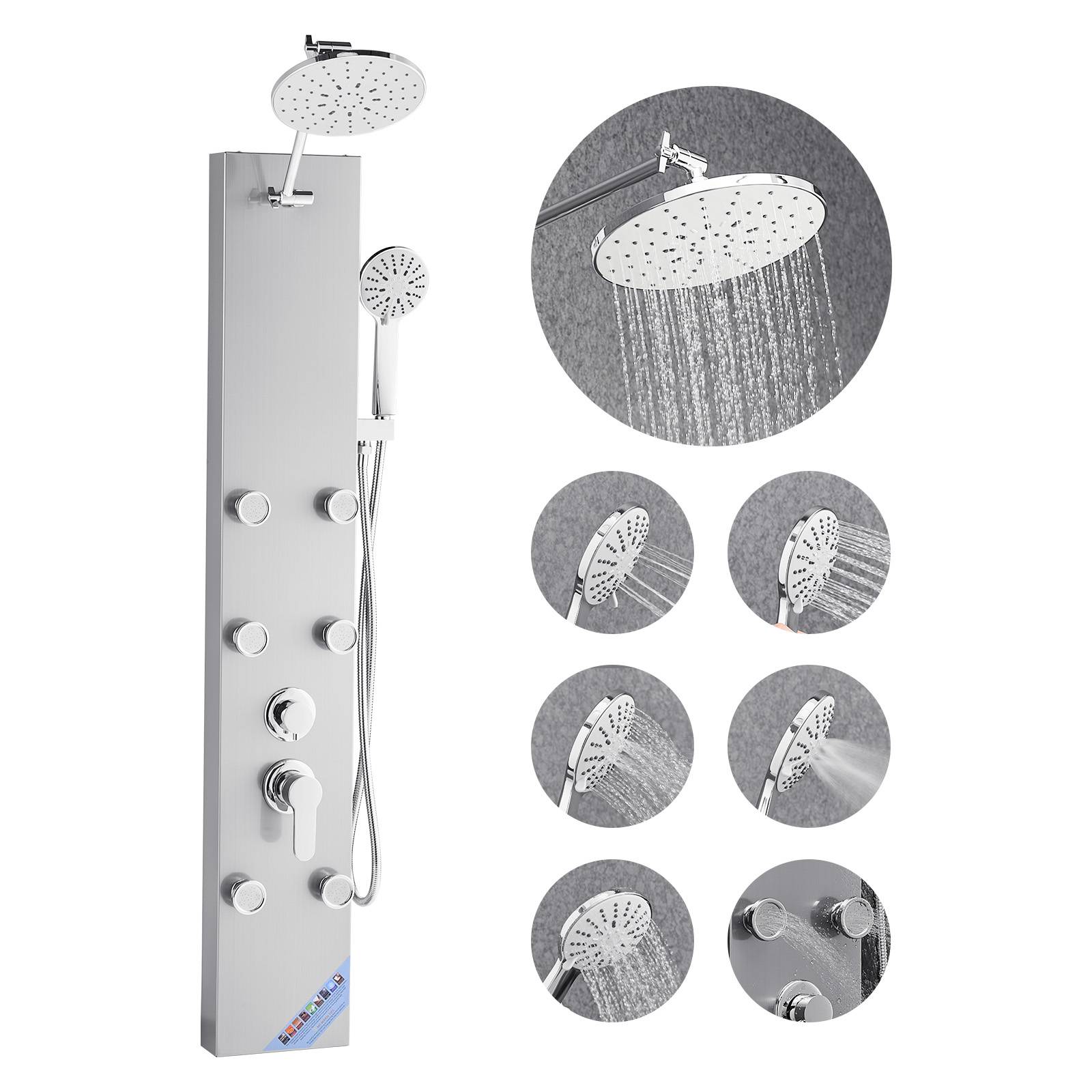 VEVOR Colonne douche pommeau effet pluie acier brossé 124 cm 3 fonctions avec 6 jets corporels et douchette à main. - Image 1