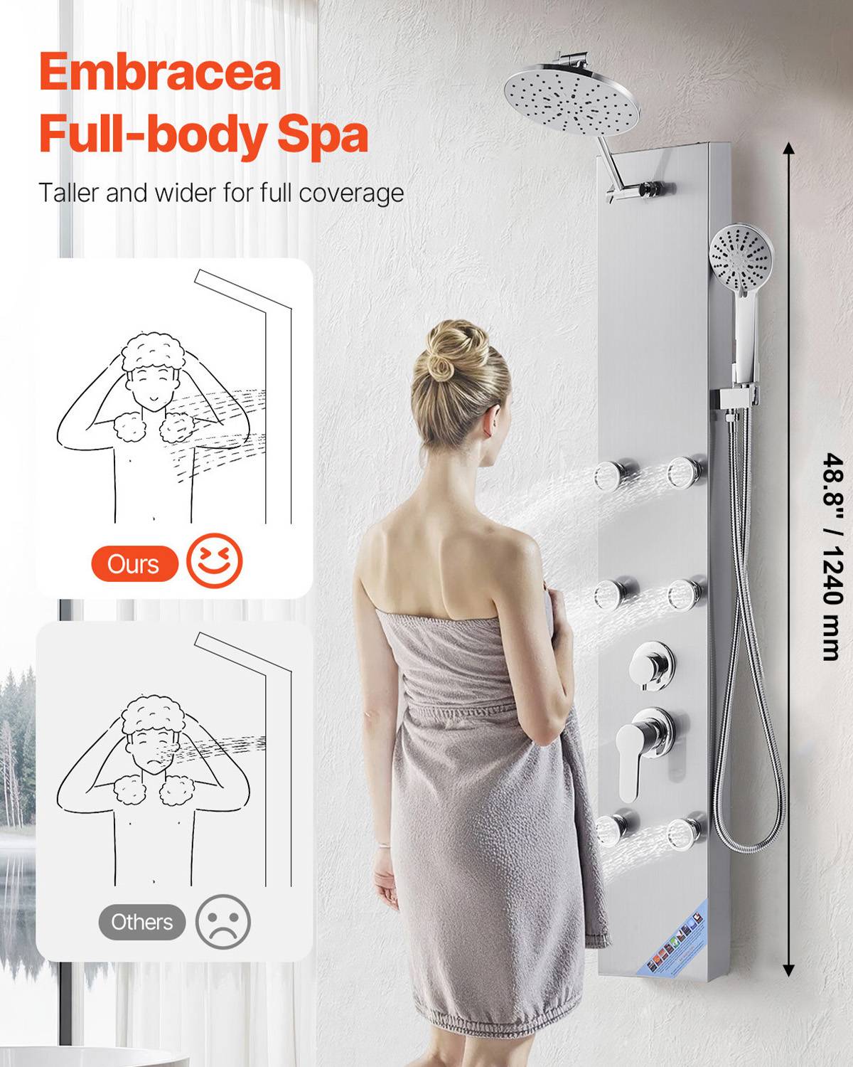 VEVOR Colonne douche pommeau effet pluie acier brossé 124 cm 3 fonctions avec 6 jets corporels et douchette à main. - Image 2