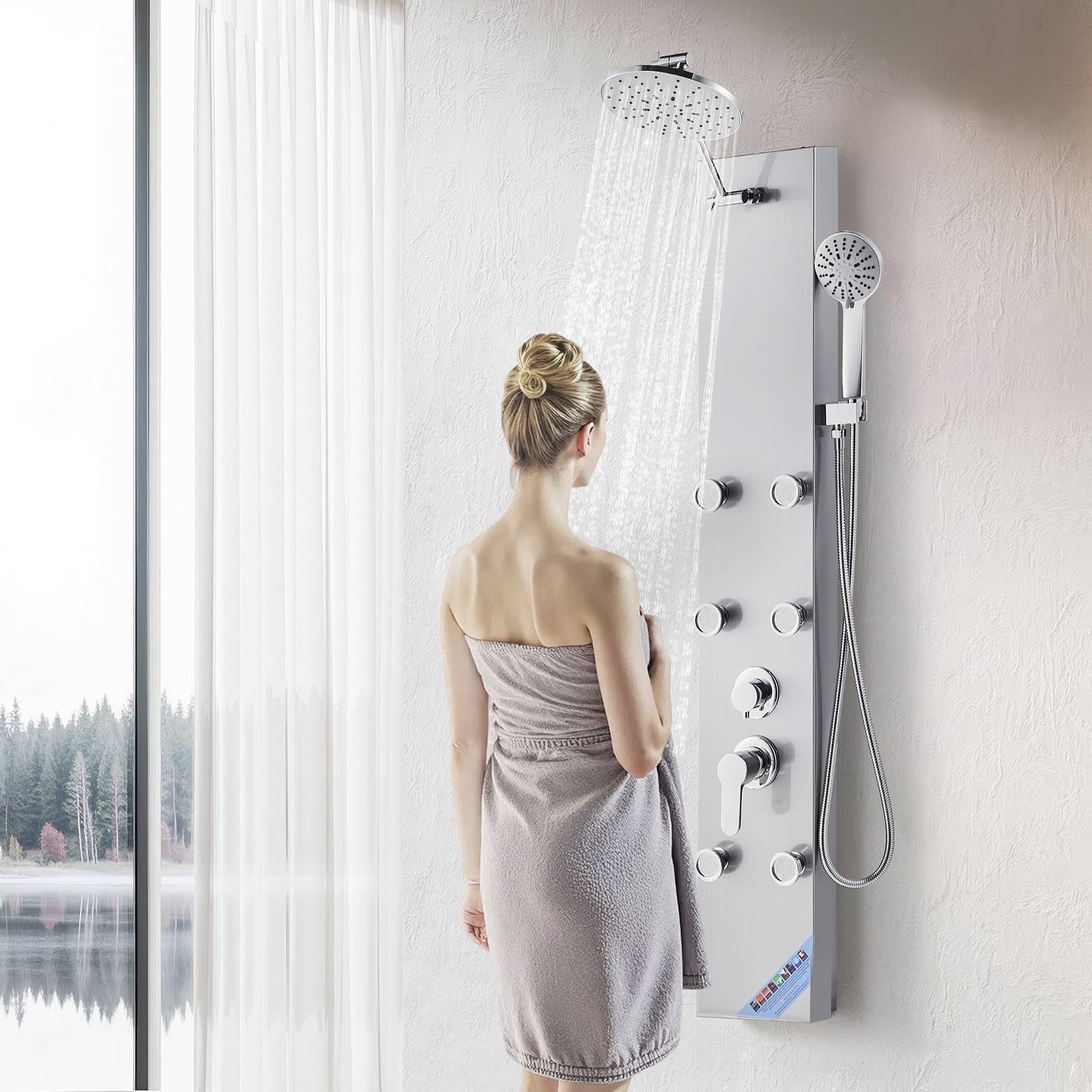 VEVOR Colonne douche pommeau effet pluie acier brossé 124 cm 3 fonctions avec 6 jets corporels et douchette à main. - Image 8