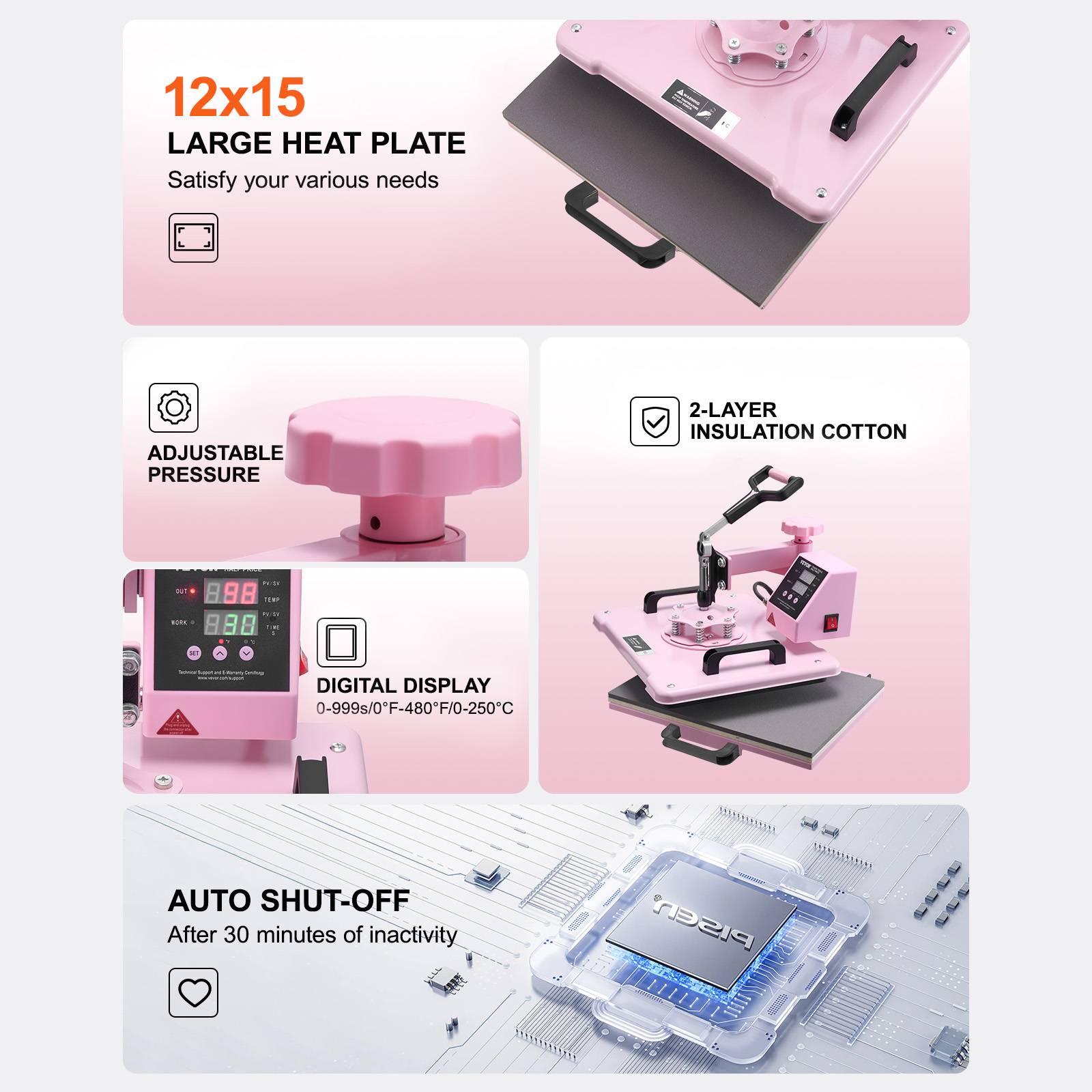 VEVOR Presse à chaud 8-en-1 plaque 30x38 cm, machine sublimation avec presse tasses, pivotant 360°. - Image 6