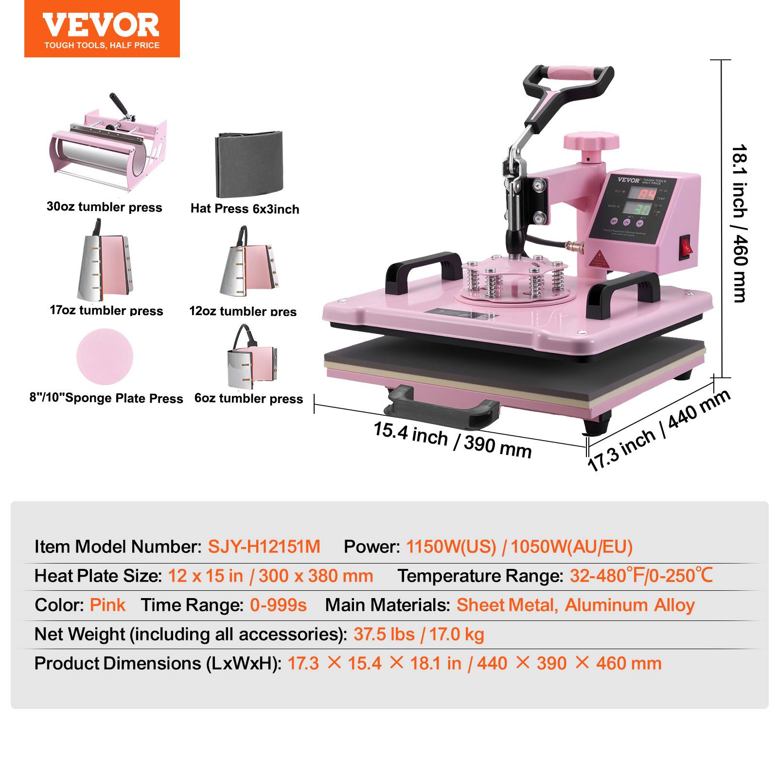 VEVOR Presse à chaud 8-en-1 plaque 30x38 cm, machine sublimation avec presse tasses, pivotant 360°. - Image 7