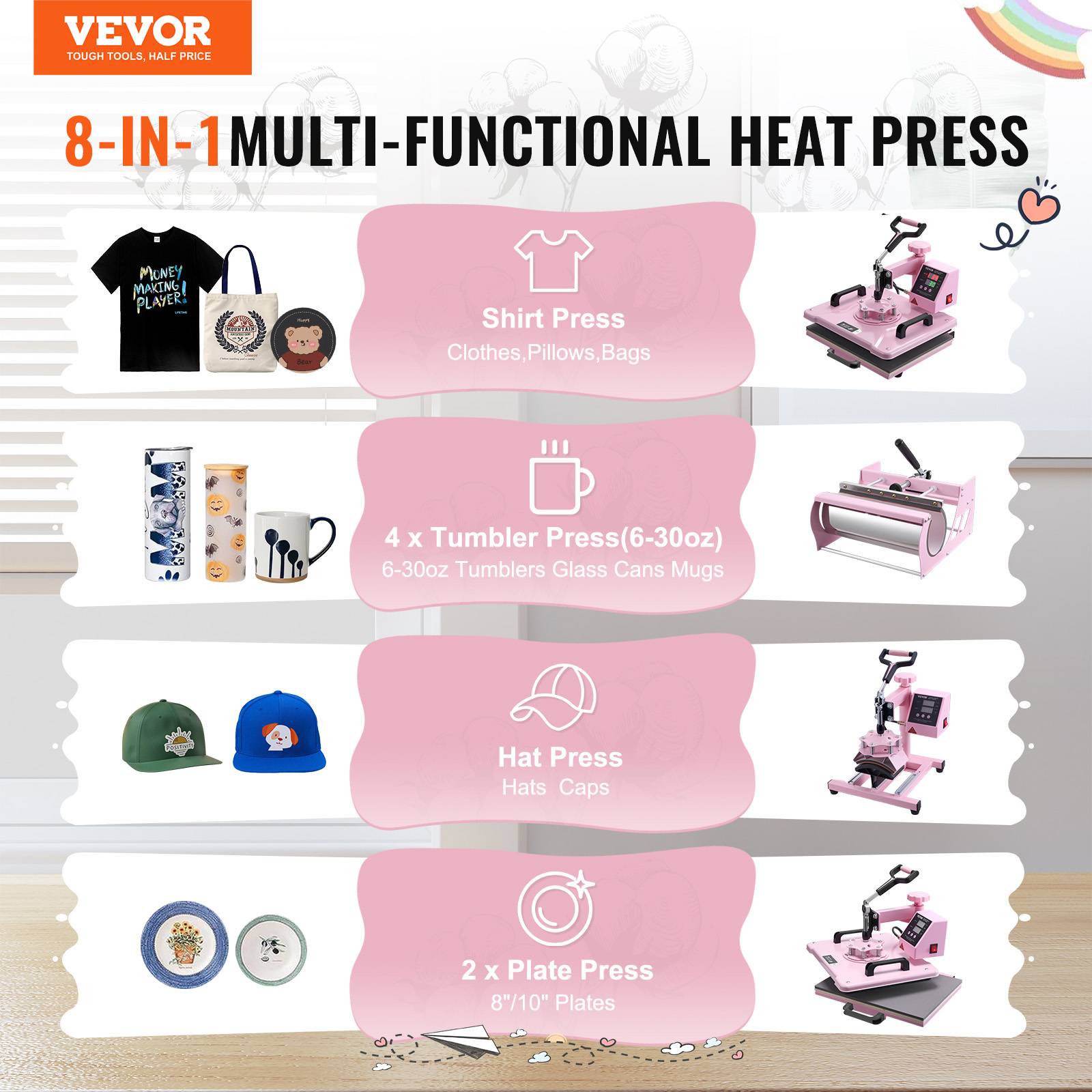 VEVOR Presse à chaud 8-en-1 plaque 30x38 cm, machine sublimation avec presse tasses, pivotant 360°. - Image 2