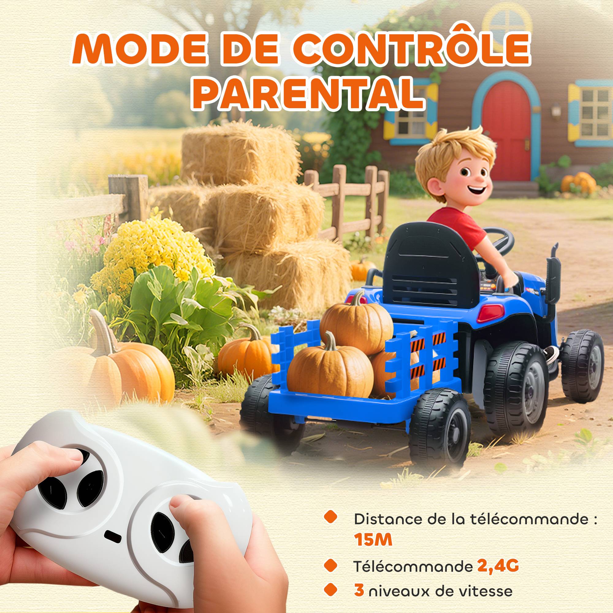 Tracteur électrique enfants avec remorque amovible, voiture électrique enfants, télécommande 2,4G, 139x58x55cm, bleu - Image 8