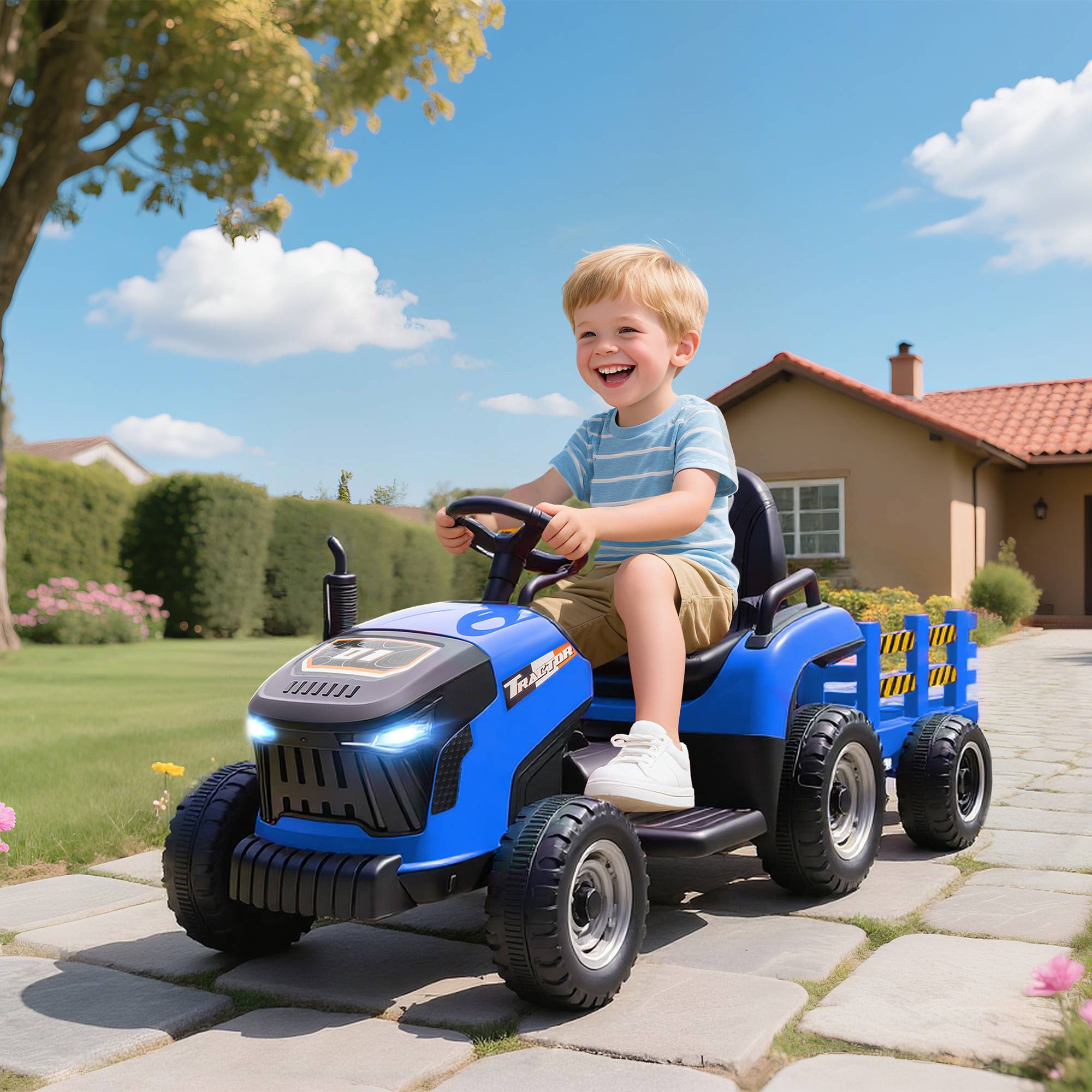 Tracteur électrique enfants avec remorque amovible, voiture électrique enfants, télécommande 2,4G, 139x58x55cm, bleu - Image 3