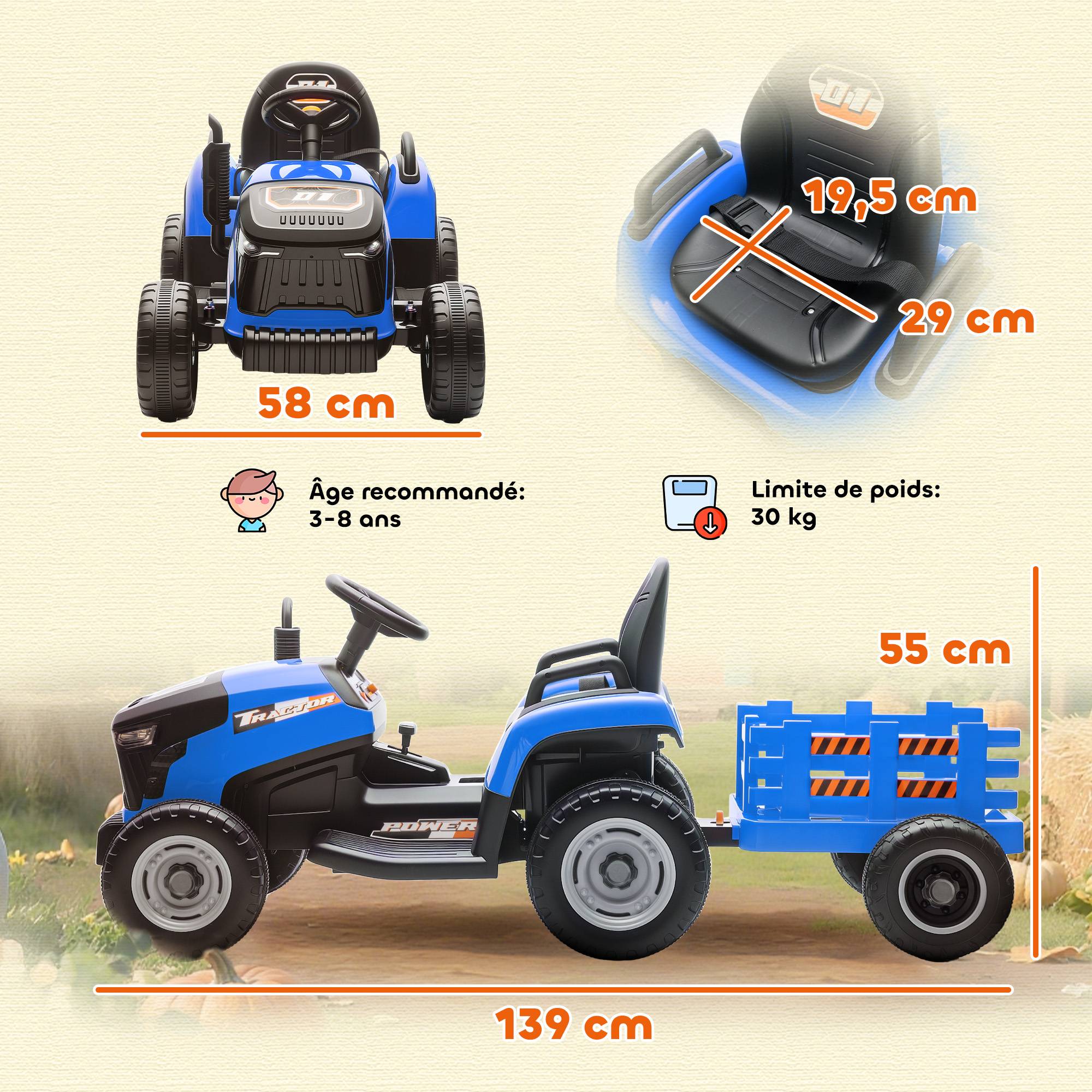 Tracteur électrique enfants avec remorque amovible, voiture électrique enfants, télécommande 2,4G, 139x58x55cm, bleu - Image 5