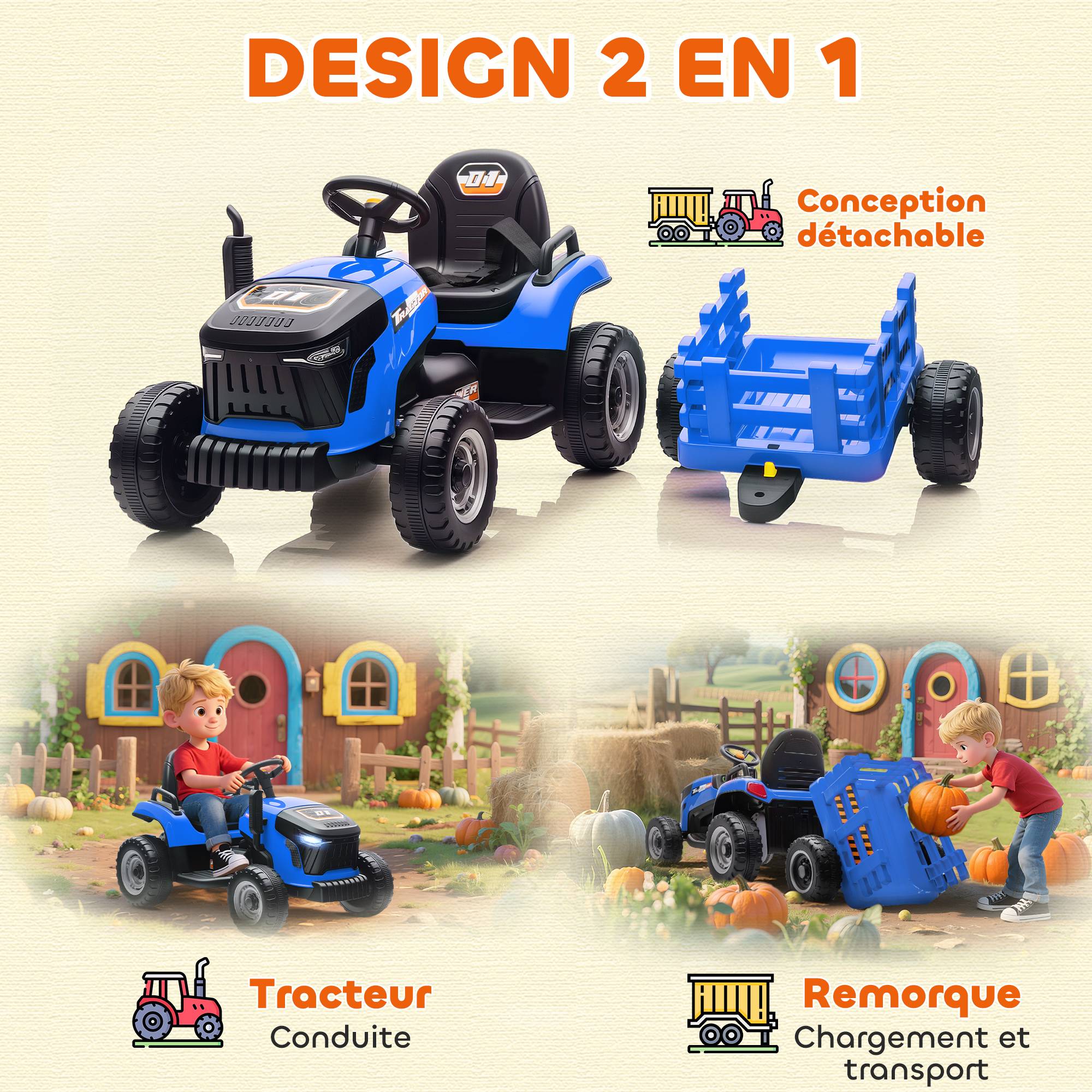 Tracteur électrique enfants avec remorque amovible, voiture électrique enfants, télécommande 2,4G, 139x58x55cm, bleu - Image 7