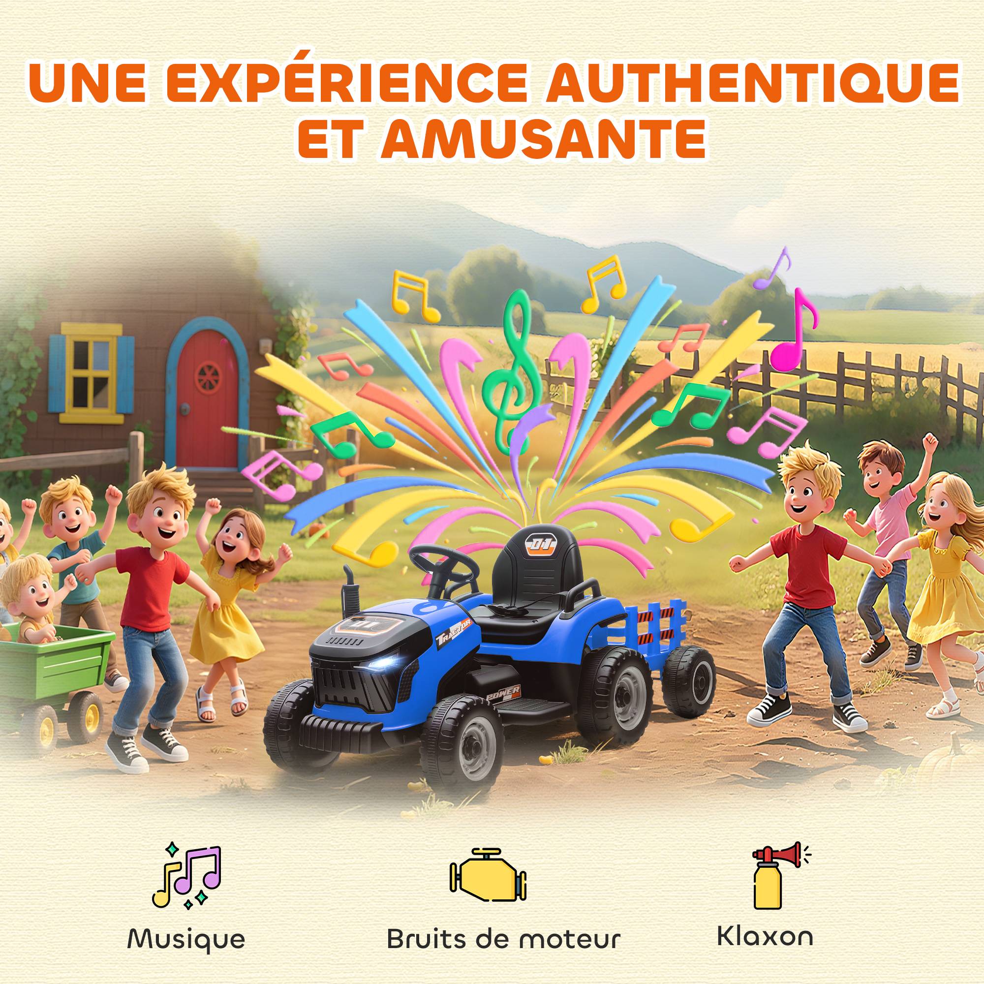 Tracteur électrique enfants avec remorque amovible, voiture électrique enfants, télécommande 2,4G, 139x58x55cm, bleu - Image 10