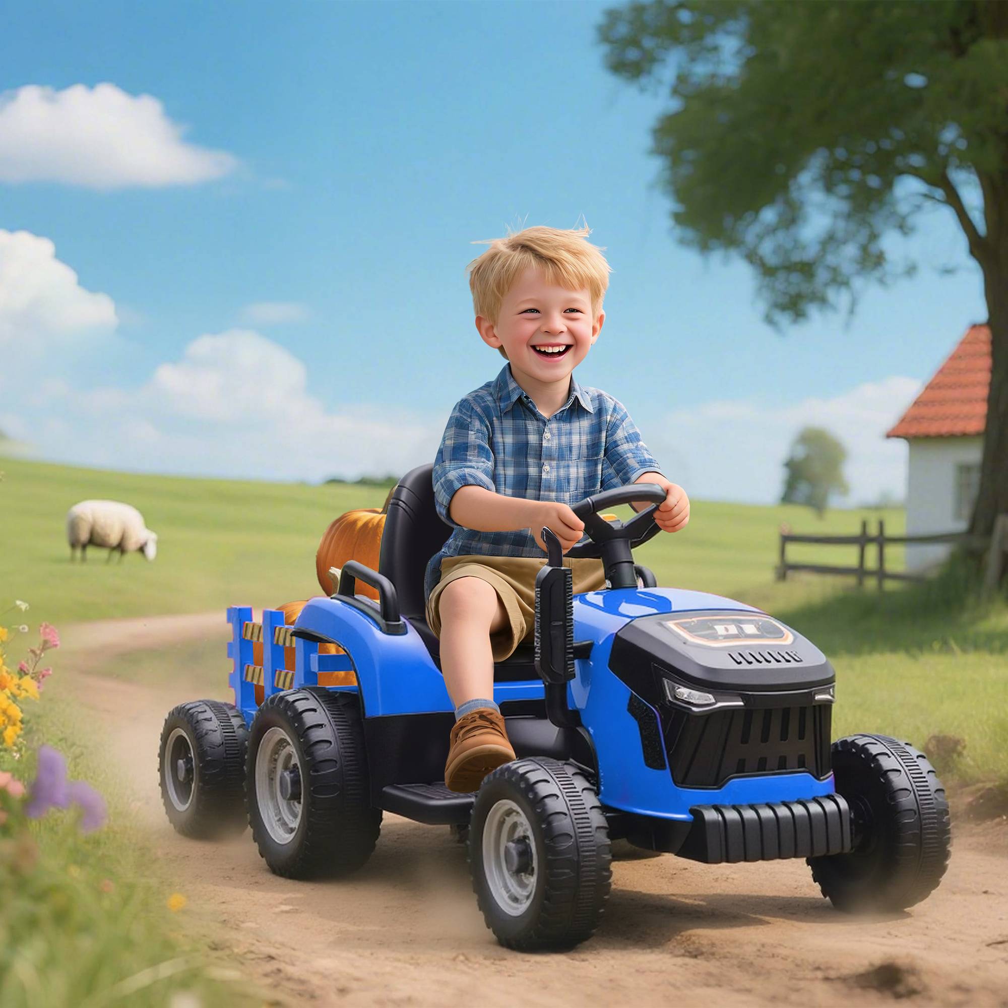 Tracteur électrique enfants avec remorque amovible, voiture électrique enfants, télécommande 2,4G, 139x58x55cm, bleu - Image 4