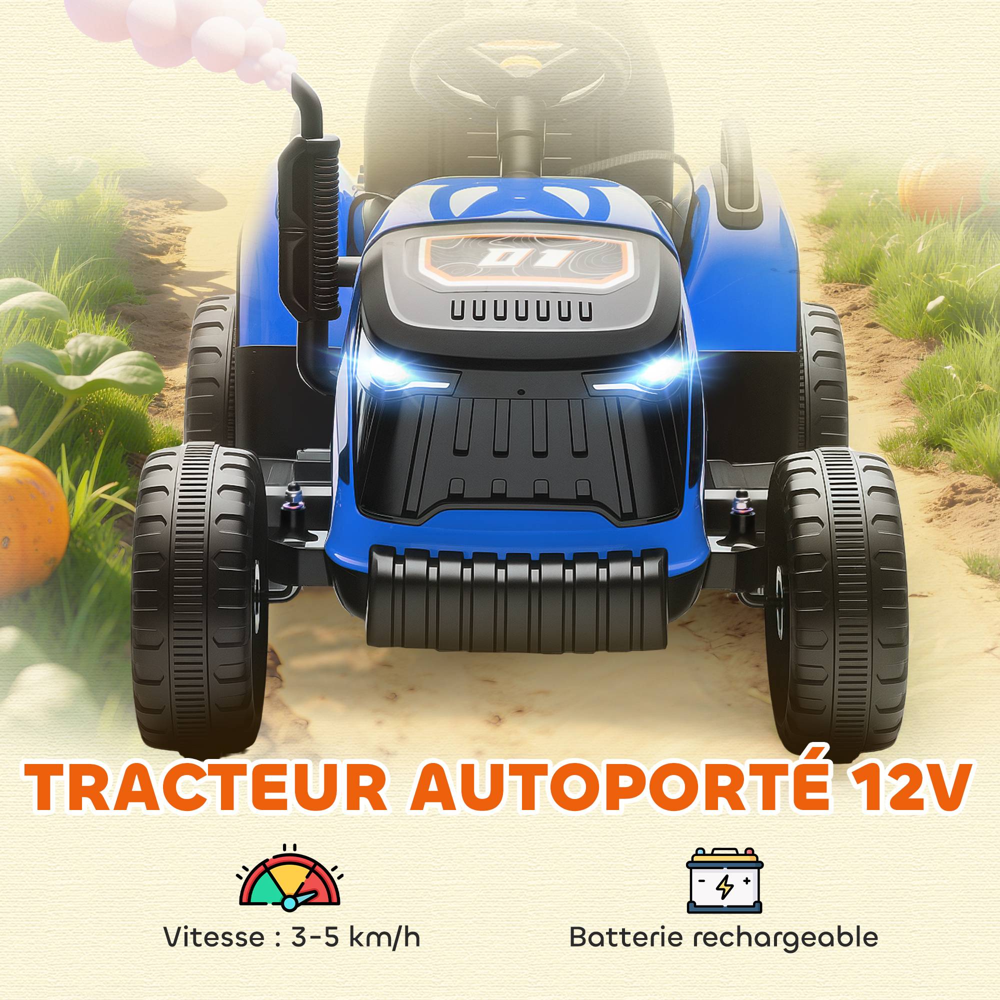 Tracteur électrique enfants avec remorque amovible, voiture électrique enfants, télécommande 2,4G, 139x58x55cm, bleu - Image 6