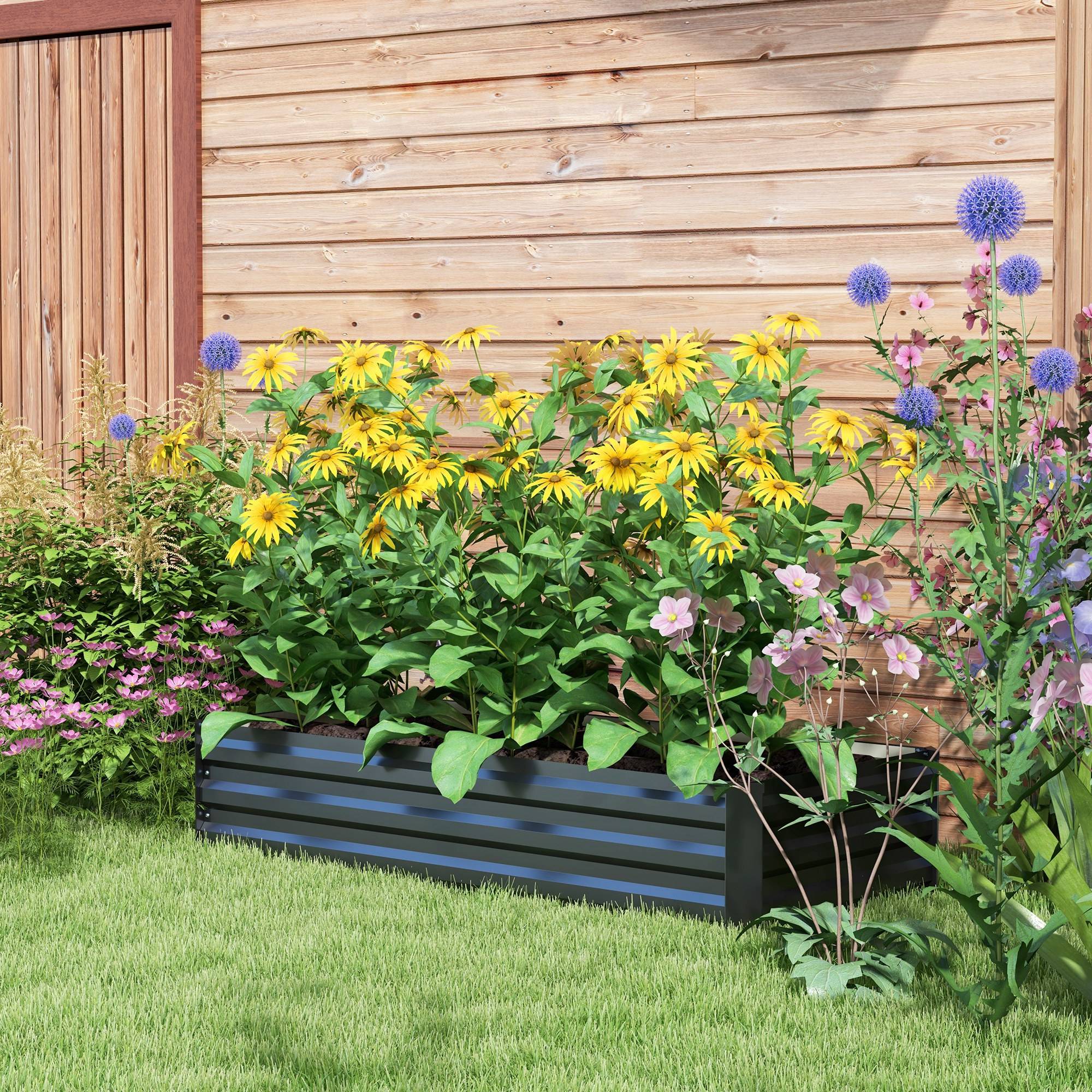 Sans Marque - Jardinière rectangulaire potager de jardin bac à fleurs en acier avec bordure de sécurité et fond ouvert noir - Image 10