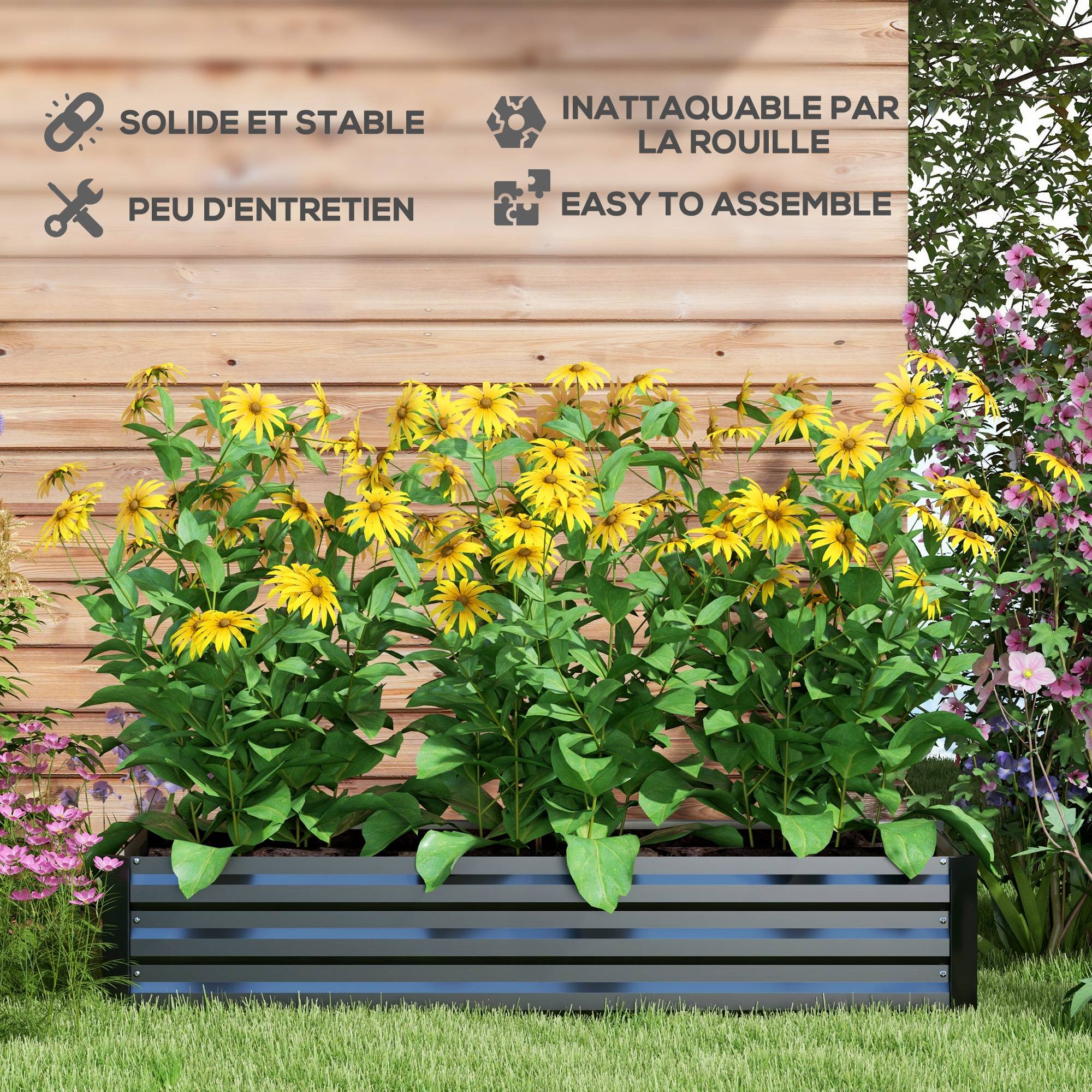 Sans Marque - Jardinière rectangulaire potager de jardin bac à fleurs en acier avec bordure de sécurité et fond ouvert noir - Image 9