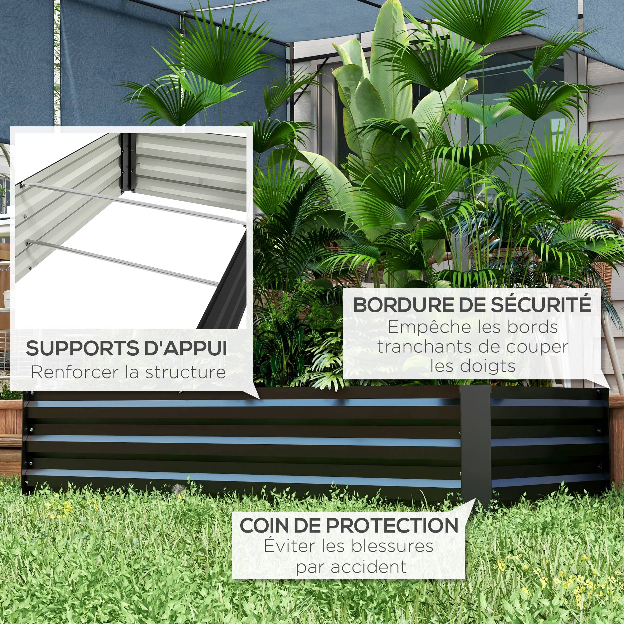 Sans Marque - Jardinière rectangulaire potager de jardin bac à fleurs en acier avec bordure de sécurité et fond ouvert noir - Image 8