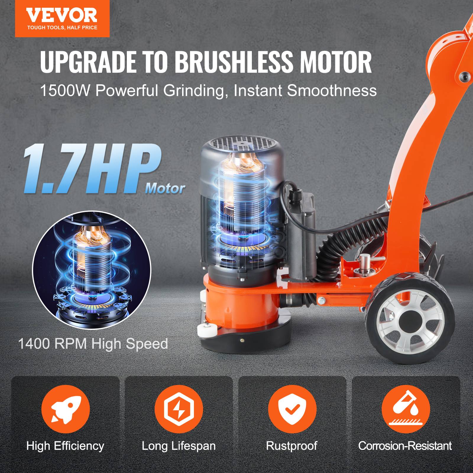 Vevor - VEVOR Ponceuse béton 1500W, disque 180mm, 1400tr/min, sans balais, pour granit, marbre, pierre. - Image 2