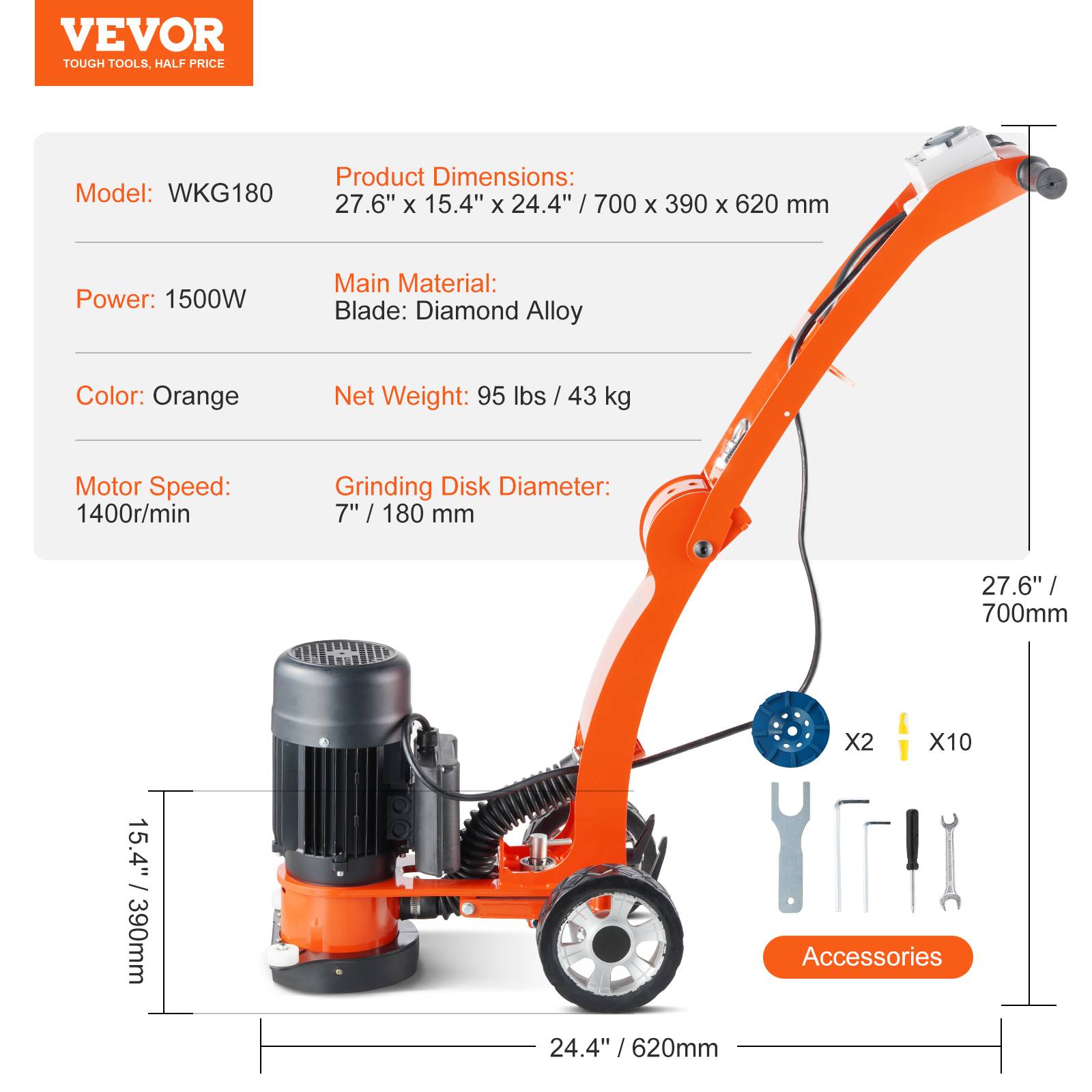 Vevor - VEVOR Ponceuse béton 1500W, disque 180mm, 1400tr/min, sans balais, pour granit, marbre, pierre. - Image 7