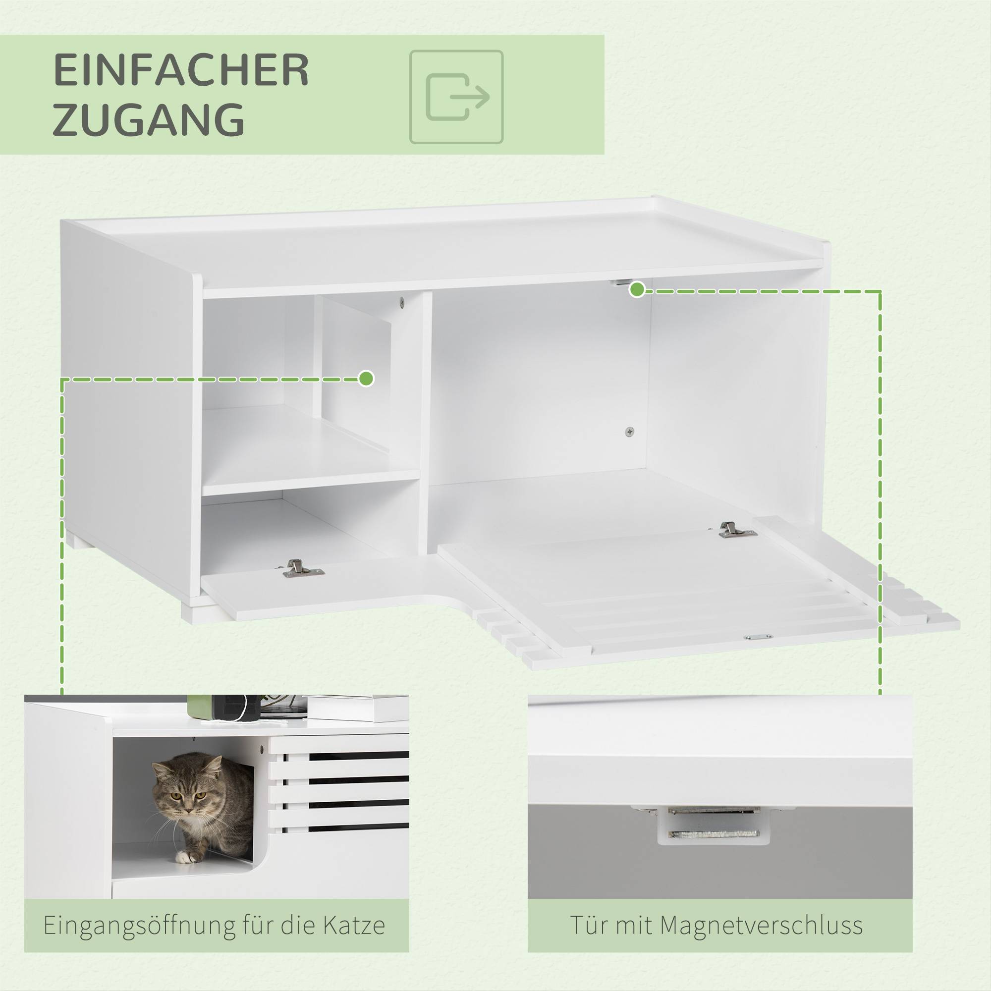 ComfortXL - Meuble litière pour chat en MDF blanc 90 x 48 x 43,5 cm avec 2 étagères et porte aimantée - ComfortXL Outdoor Living - Image 8