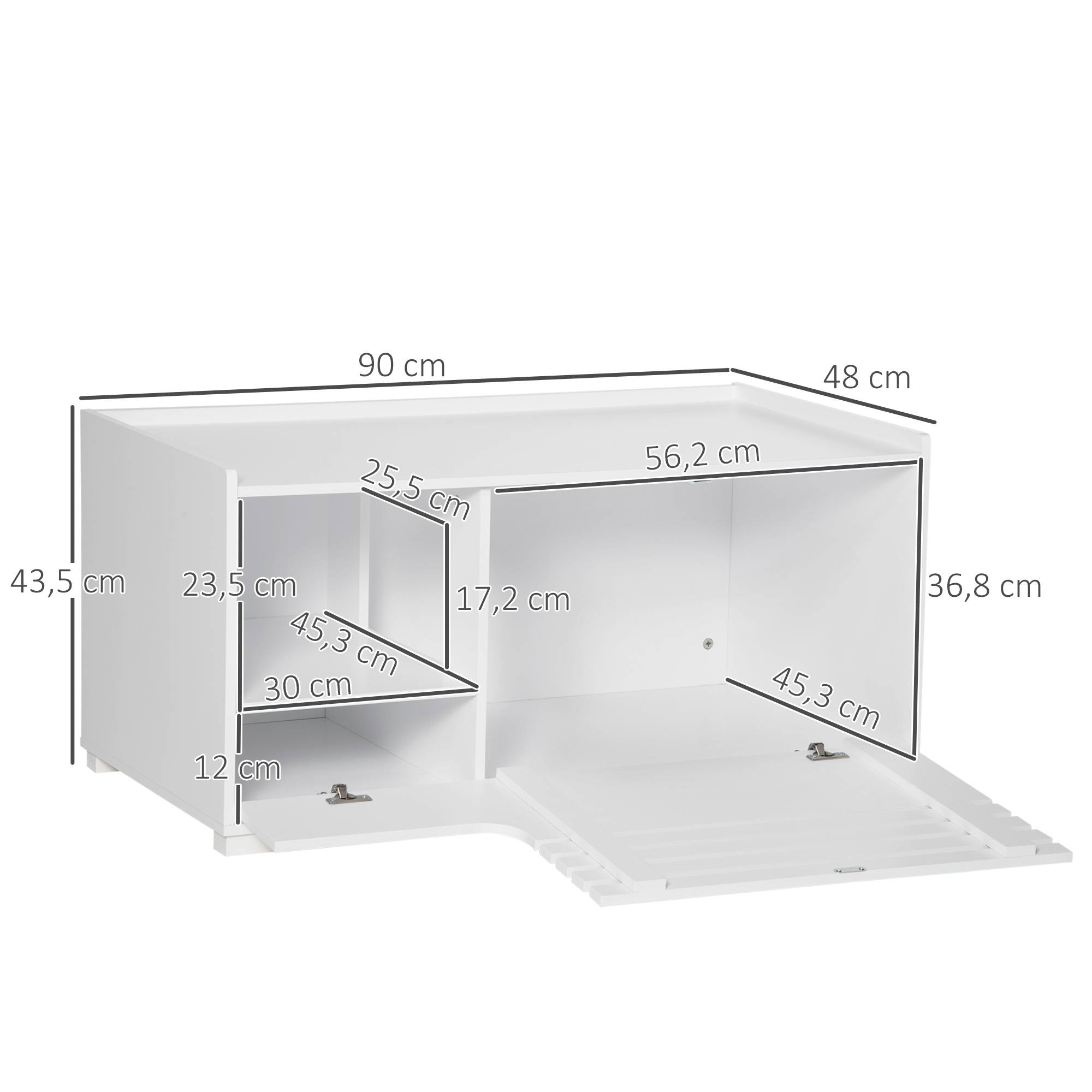 ComfortXL - Meuble litière pour chat en MDF blanc 90 x 48 x 43,5 cm avec 2 étagères et porte aimantée - ComfortXL Outdoor Living - Image 5