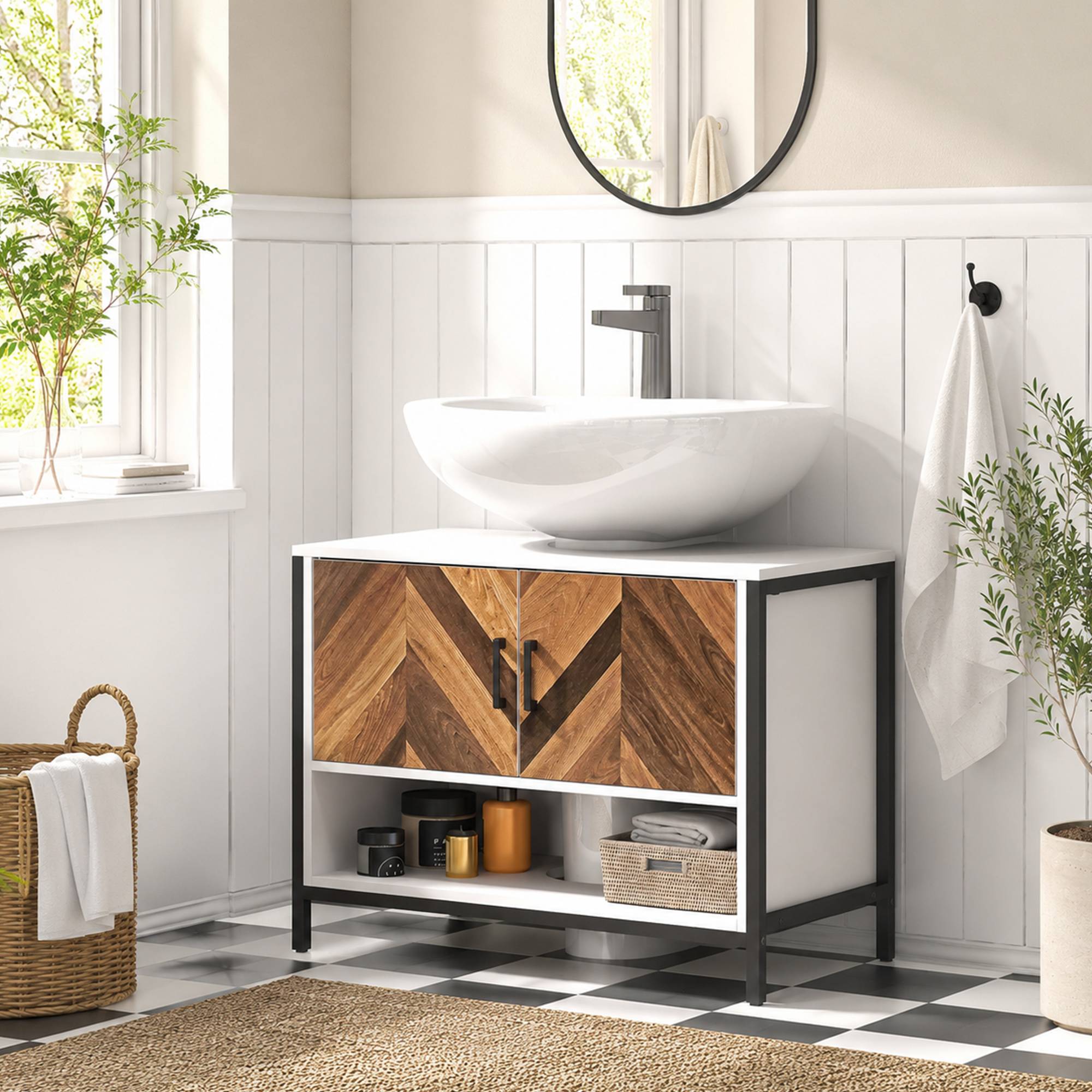 Sans Marque - Meuble sous-évier 2 portes compartiment ouvert évier avec ou sans colonne 80x40x60 cm crème noyer - Image 3