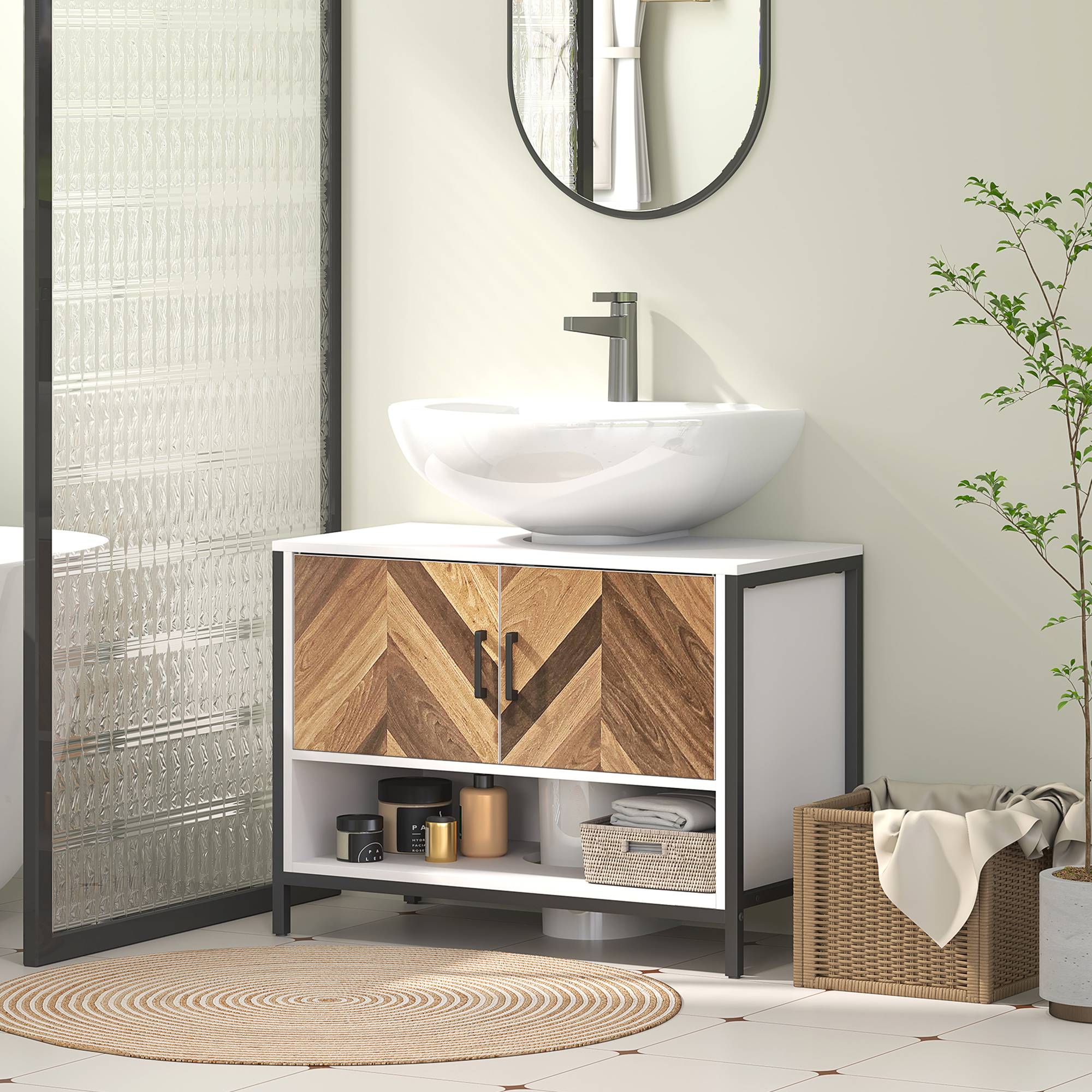 Sans Marque - Meuble sous-évier 2 portes compartiment ouvert évier avec ou sans colonne 80x40x60 cm crème noyer - Image 4