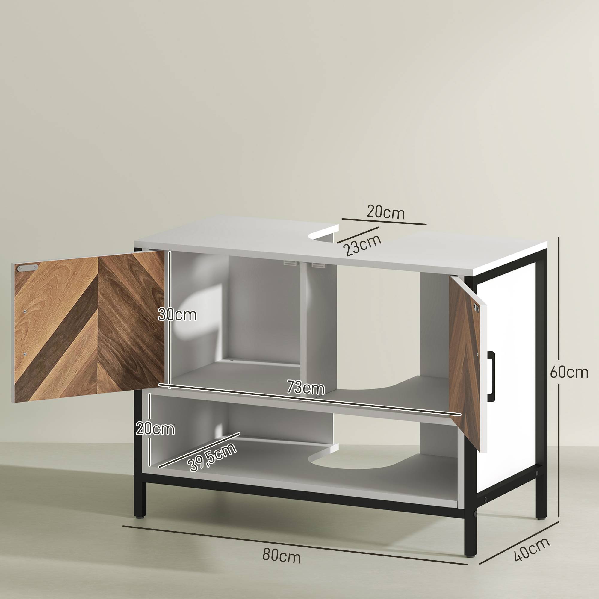 Sans Marque - Meuble sous-évier 2 portes compartiment ouvert évier avec ou sans colonne 80x40x60 cm crème noyer - Image 5