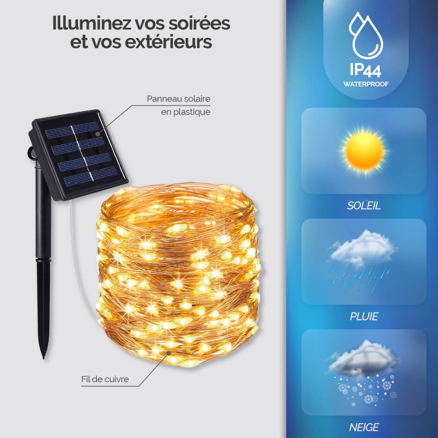 Guirlande solaire extérieur lumineuse jardin, terrasse - Ampoules LED 8 modes - 12 m - Blanc chaud - Linxor - Image 3